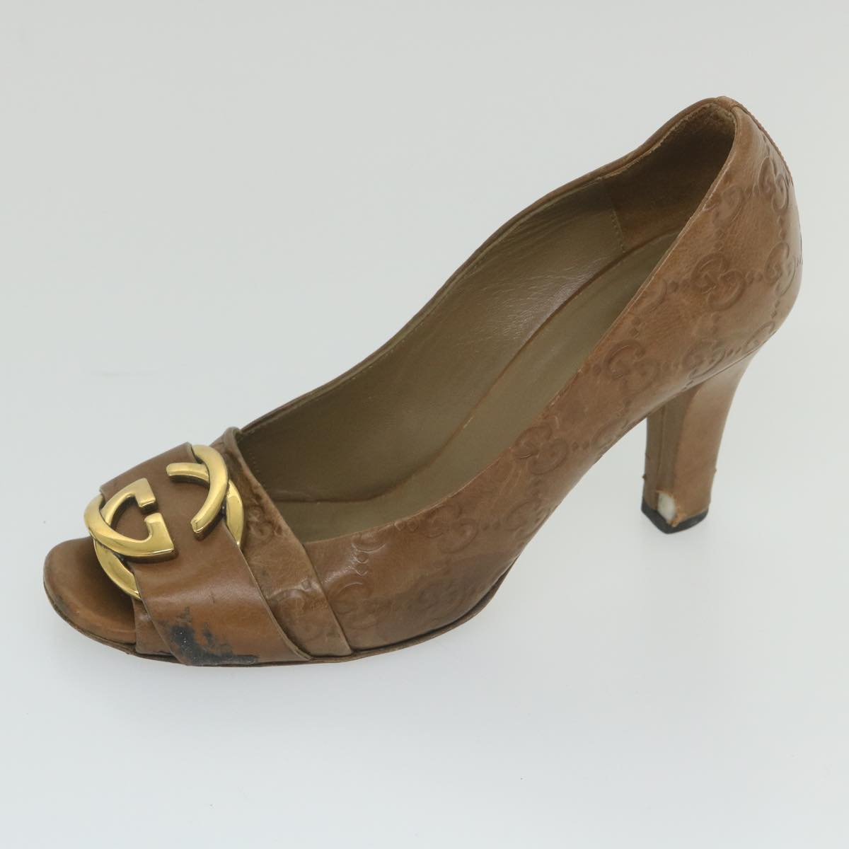 GUCCI Guccissima GG Canvas High Heels Leather 37 C Brown Auth ti1349