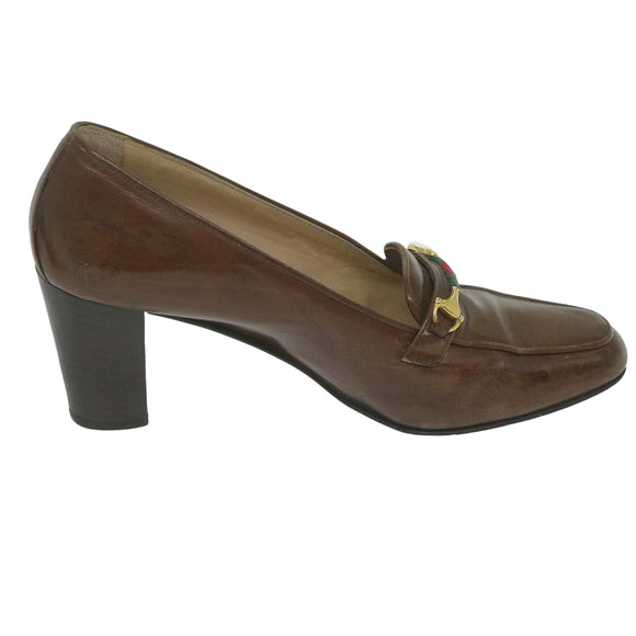 GUCCI Web Sherry Line High Heels Leather 36B Brown Auth ti1401