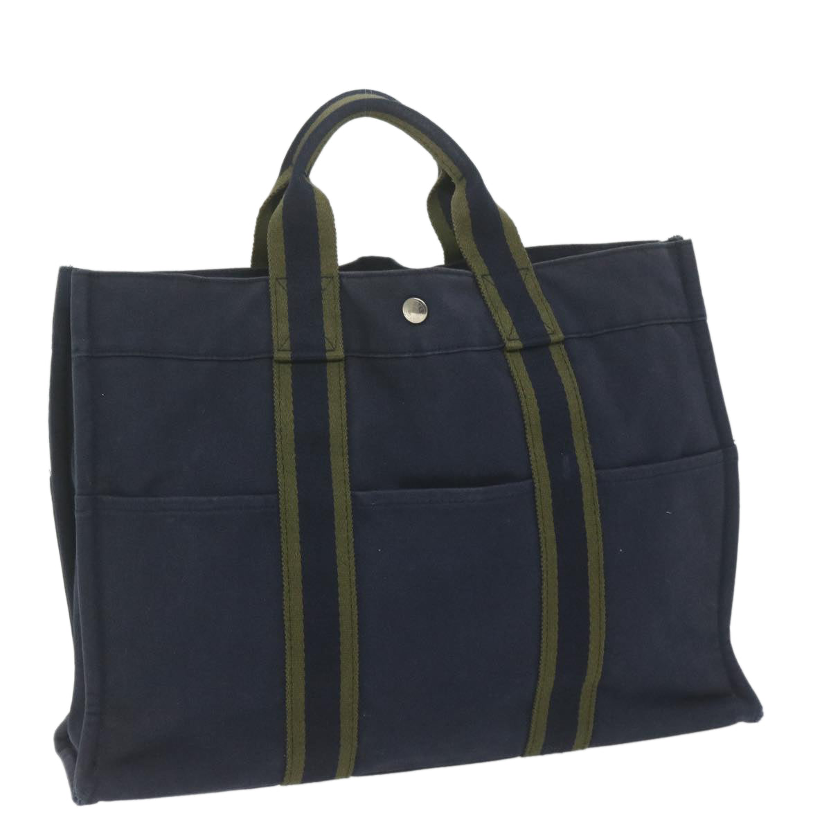 HERMES Fourre ToutMM Hand Bag Canvas Navy Green Auth ti1430