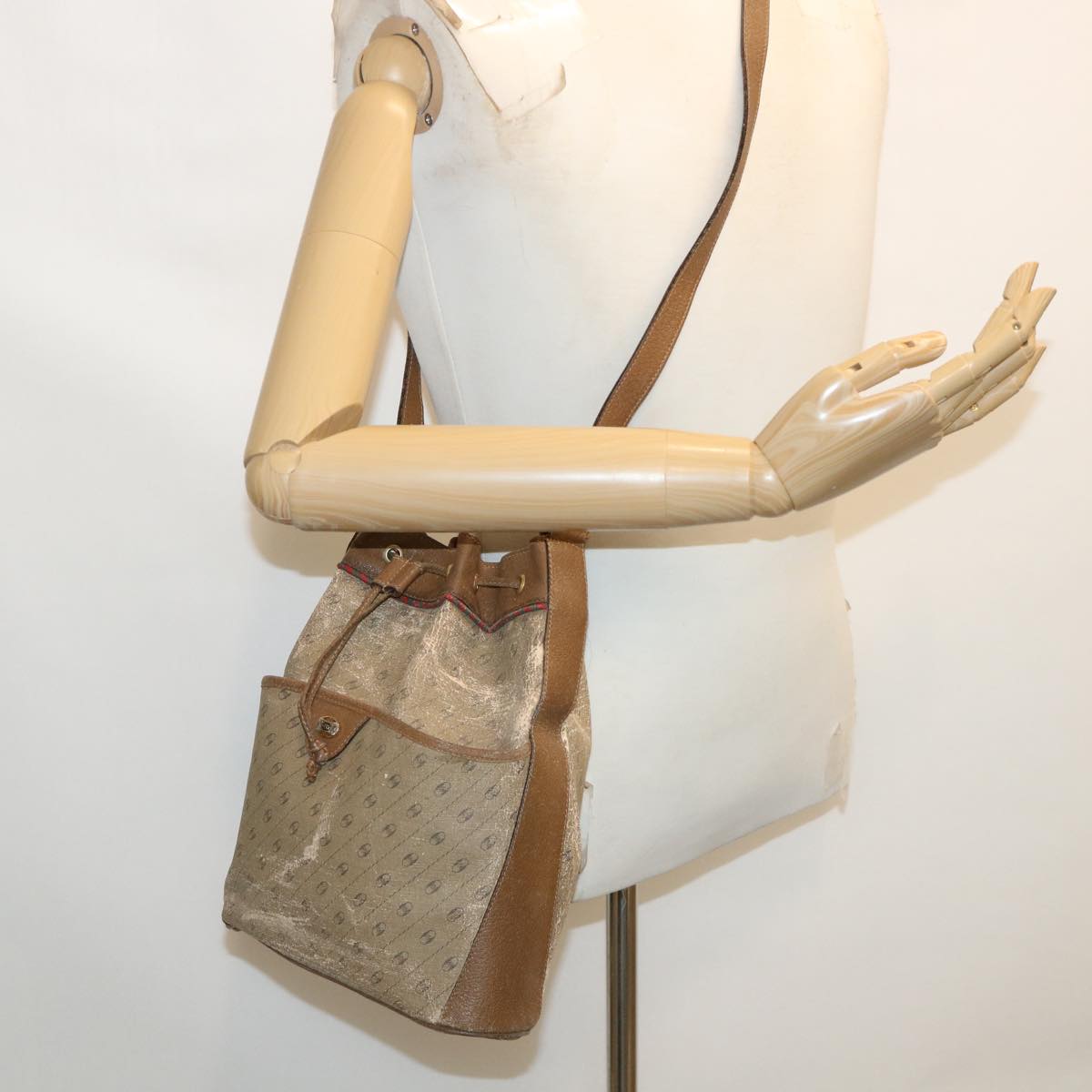 GUCCI Shoulder Bag PVC Leather 2Set Beige Auth ti780