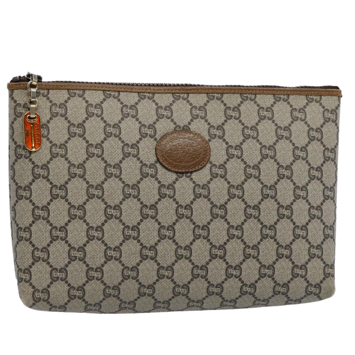 GUCCI GG PLUS Canvas Clutch Bag PVC Beige Auth uy148