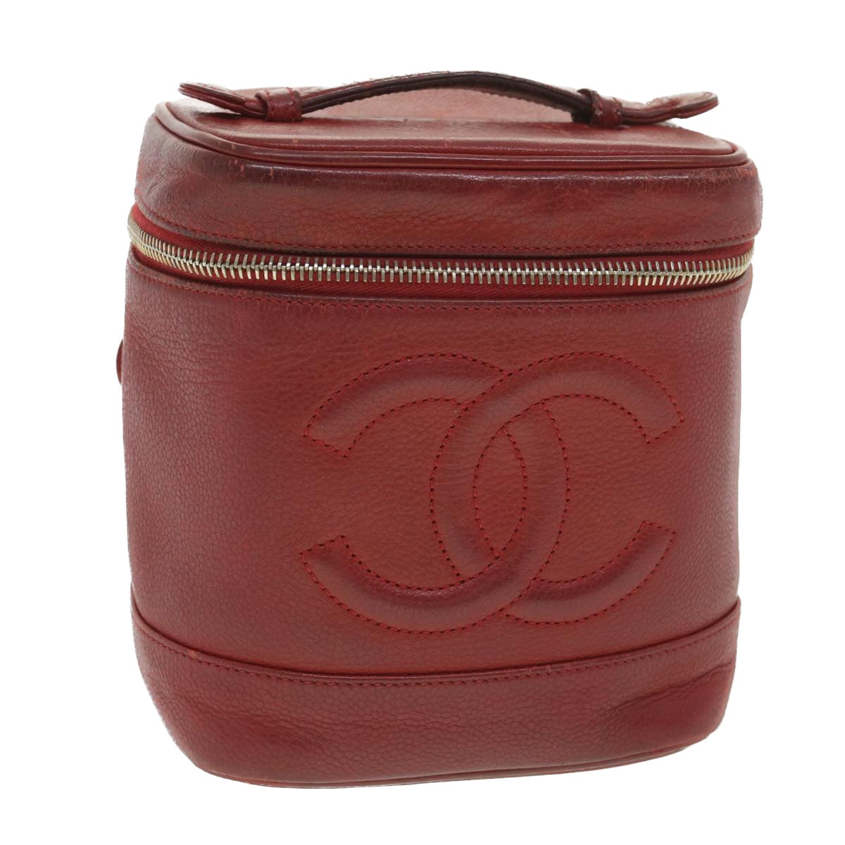 CHANEL Vanity Cosmetic Pouch Caviar Skin Red CC Auth yb021