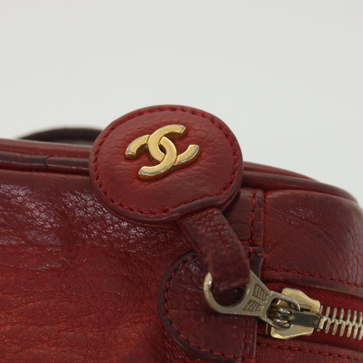 CHANEL Vanity Cosmetic Pouch Caviar Skin Red CC Auth yb021