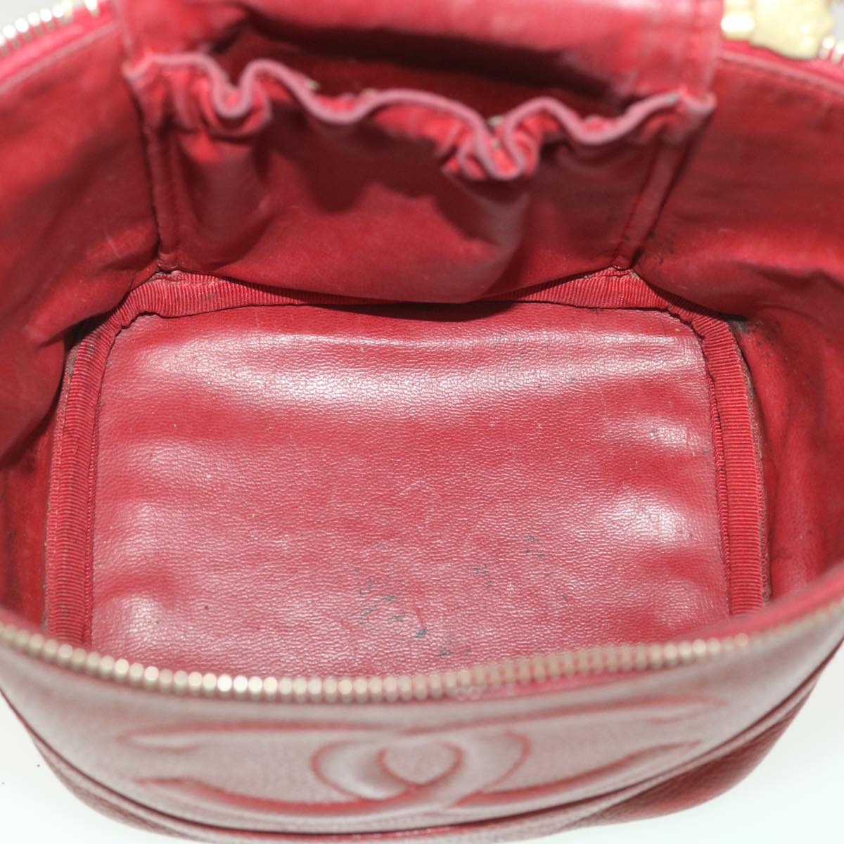 CHANEL Vanity Cosmetic Pouch Caviar Skin Red CC Auth yb021