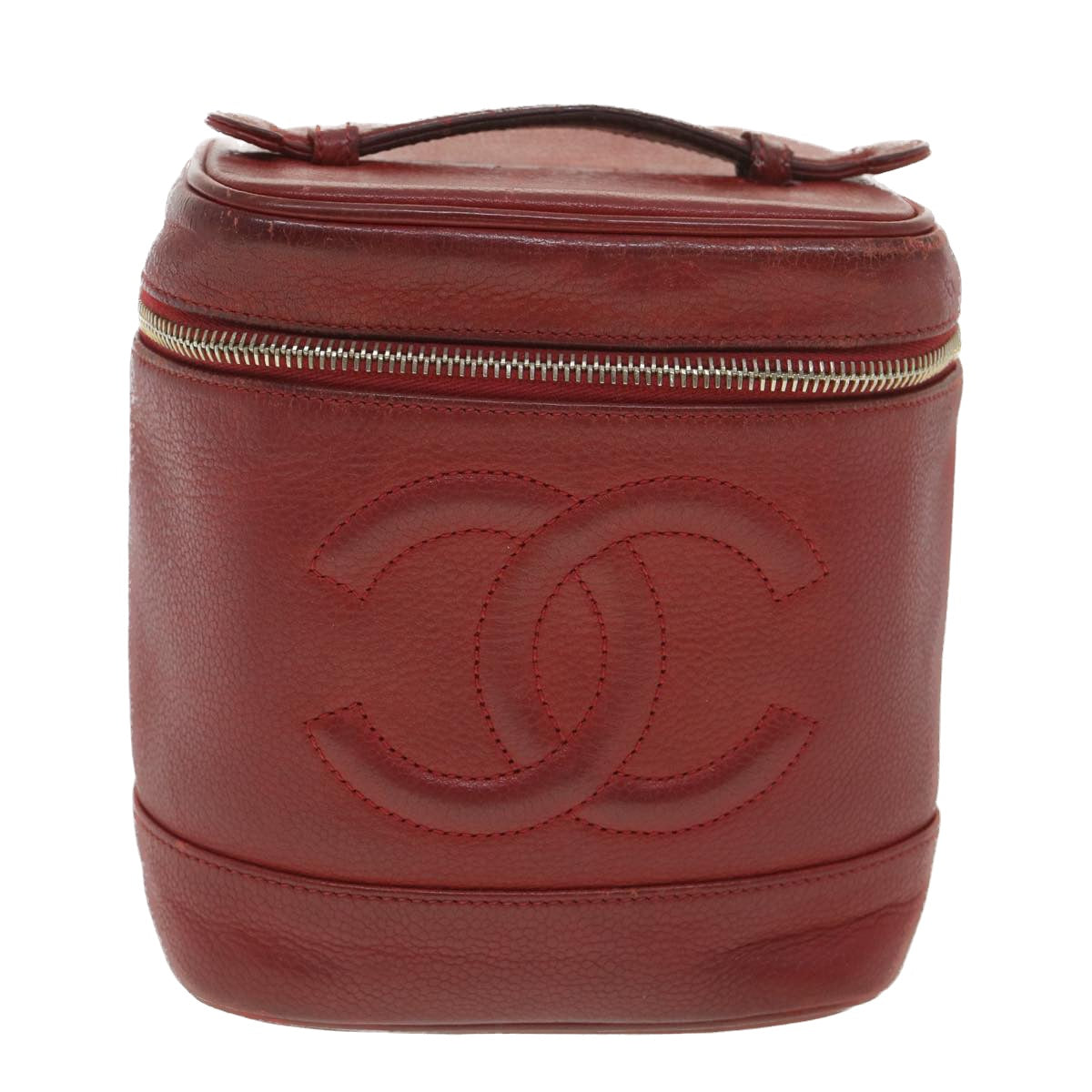 CHANEL Vanity Cosmetic Pouch Caviar Skin Red CC Auth yb021