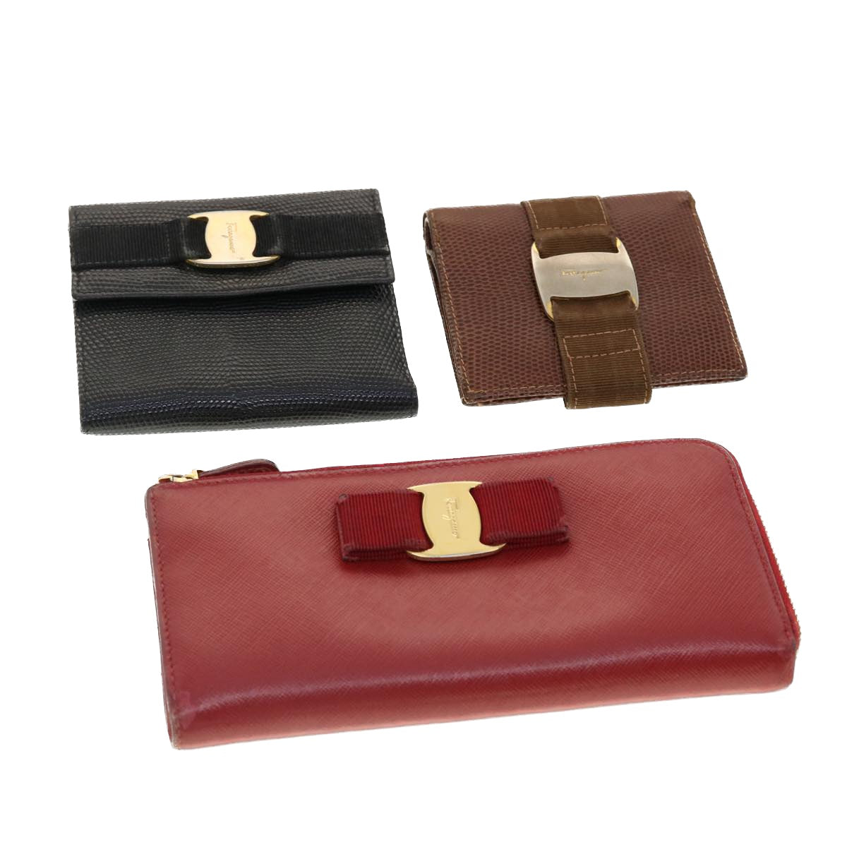 Salvatore Ferragamo Wallet Leather 3Set Red Black Brown Auth yb076