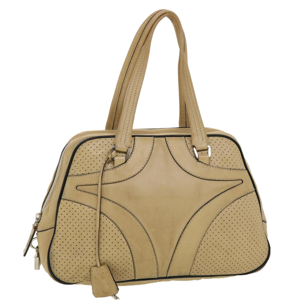 PRADA Hand Bag Leather Beige Auth yb123