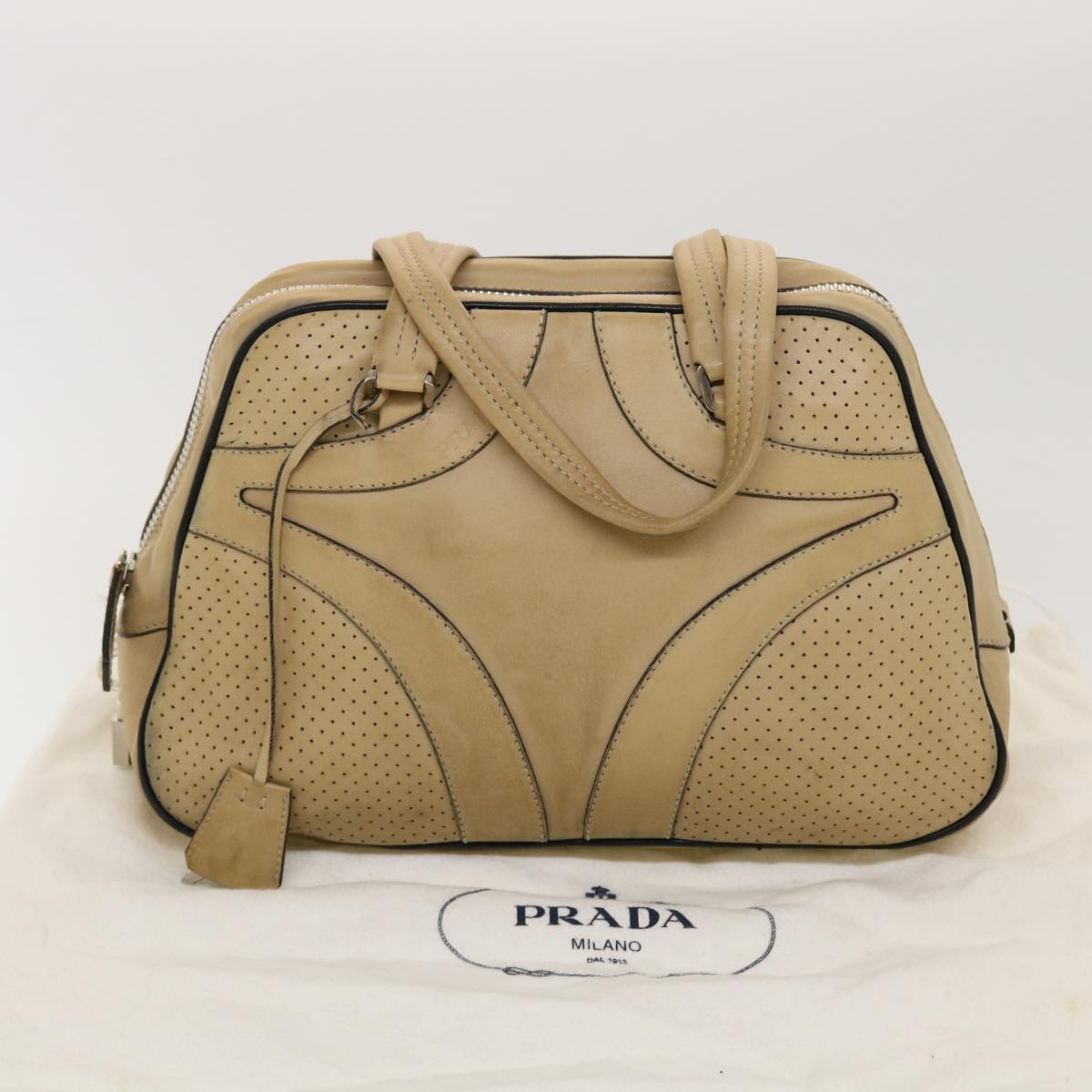 PRADA Hand Bag Leather Beige Auth yb123