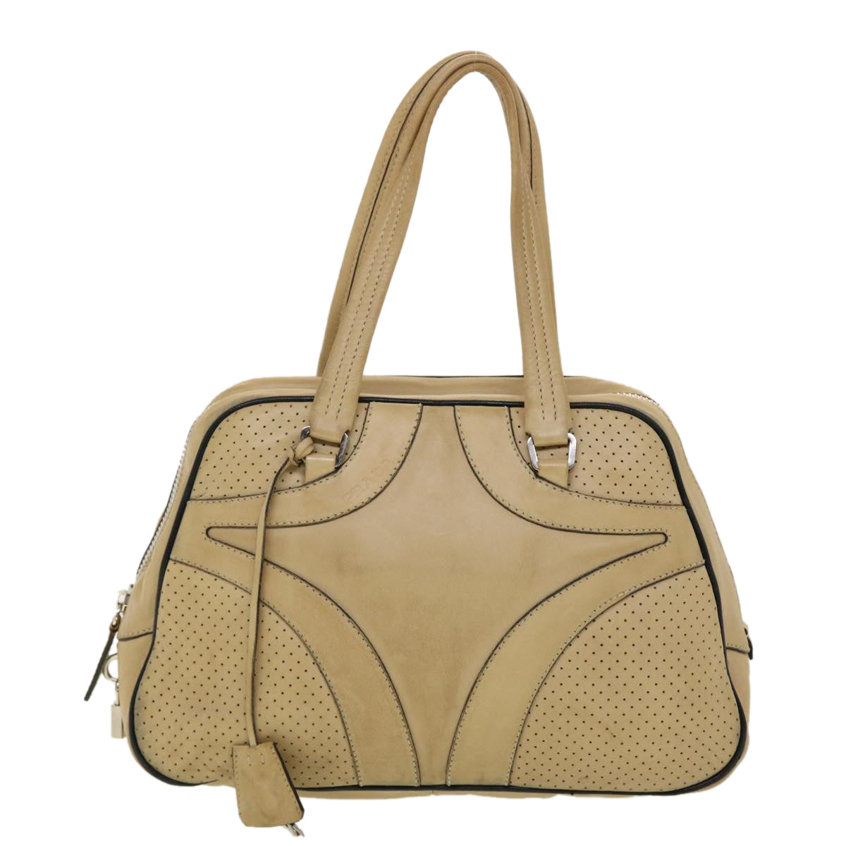 PRADA Hand Bag Leather Beige Auth yb123