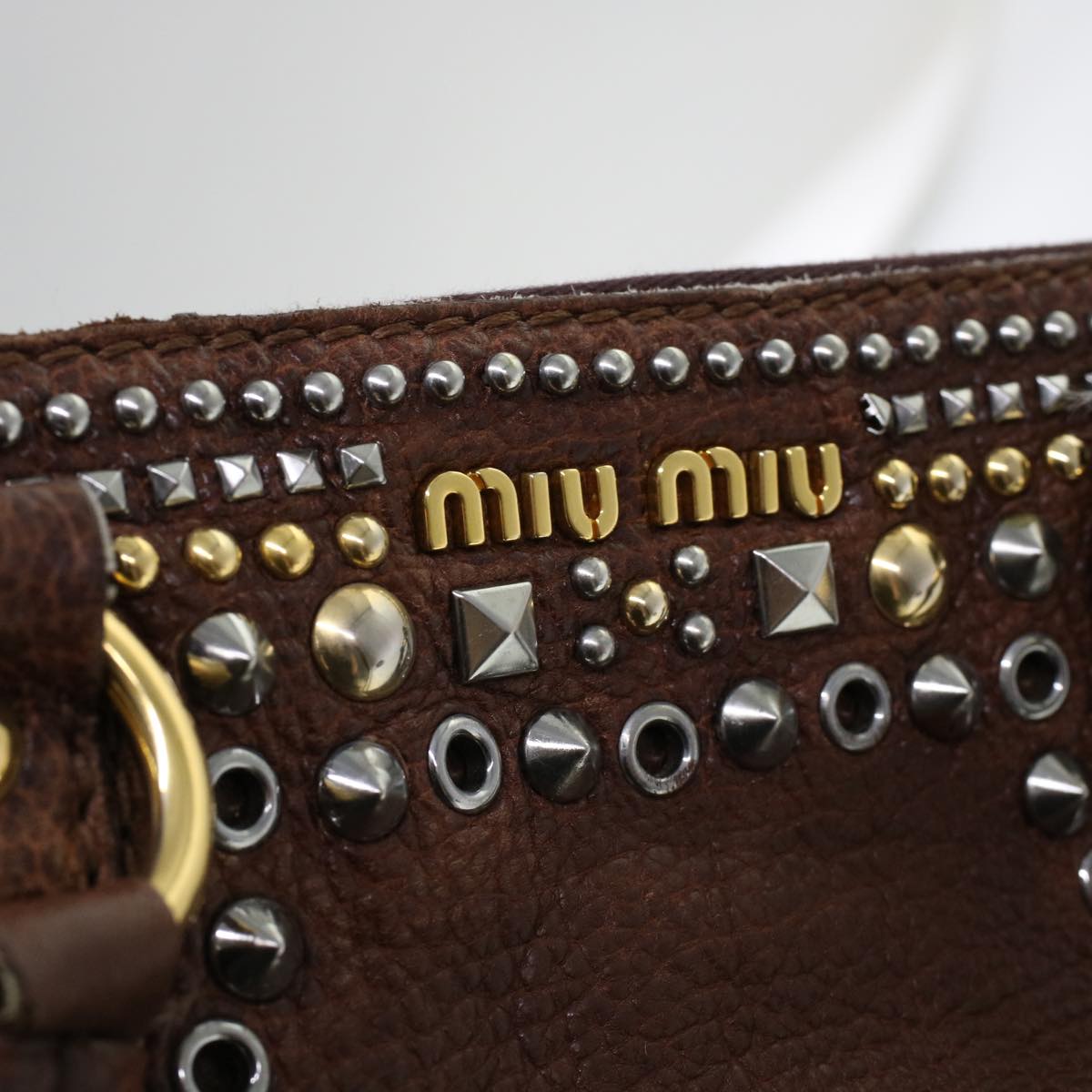 Miu Miu Studs Shoulder Bag Leather Brown Auth yb135