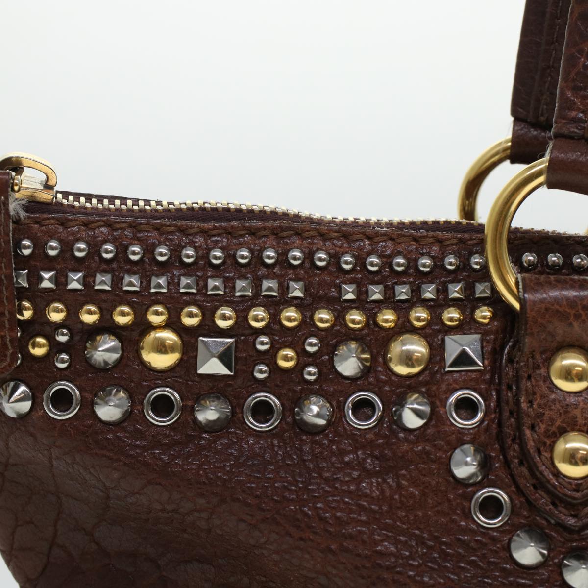 Miu Miu Studs Shoulder Bag Leather Brown Auth yb135 - 0