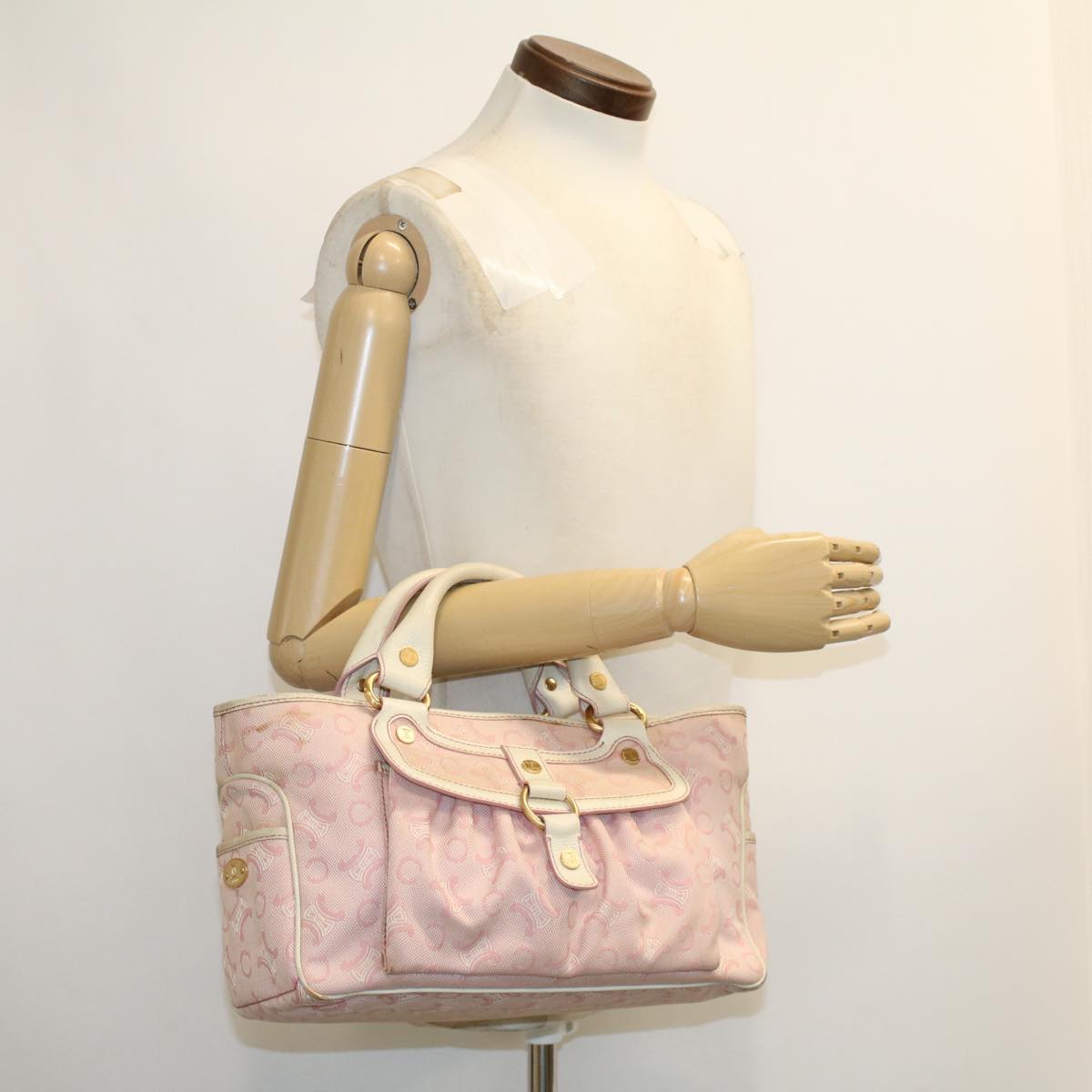 CELINE C Macadam Canvas Hand Bag Leather Pink Auth yb138