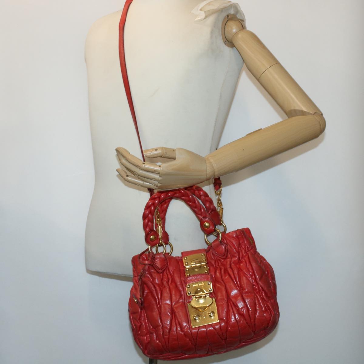 Miu Miu Materasse Hand Bag Leather 2way Shoulder Bag Red Auth yb184