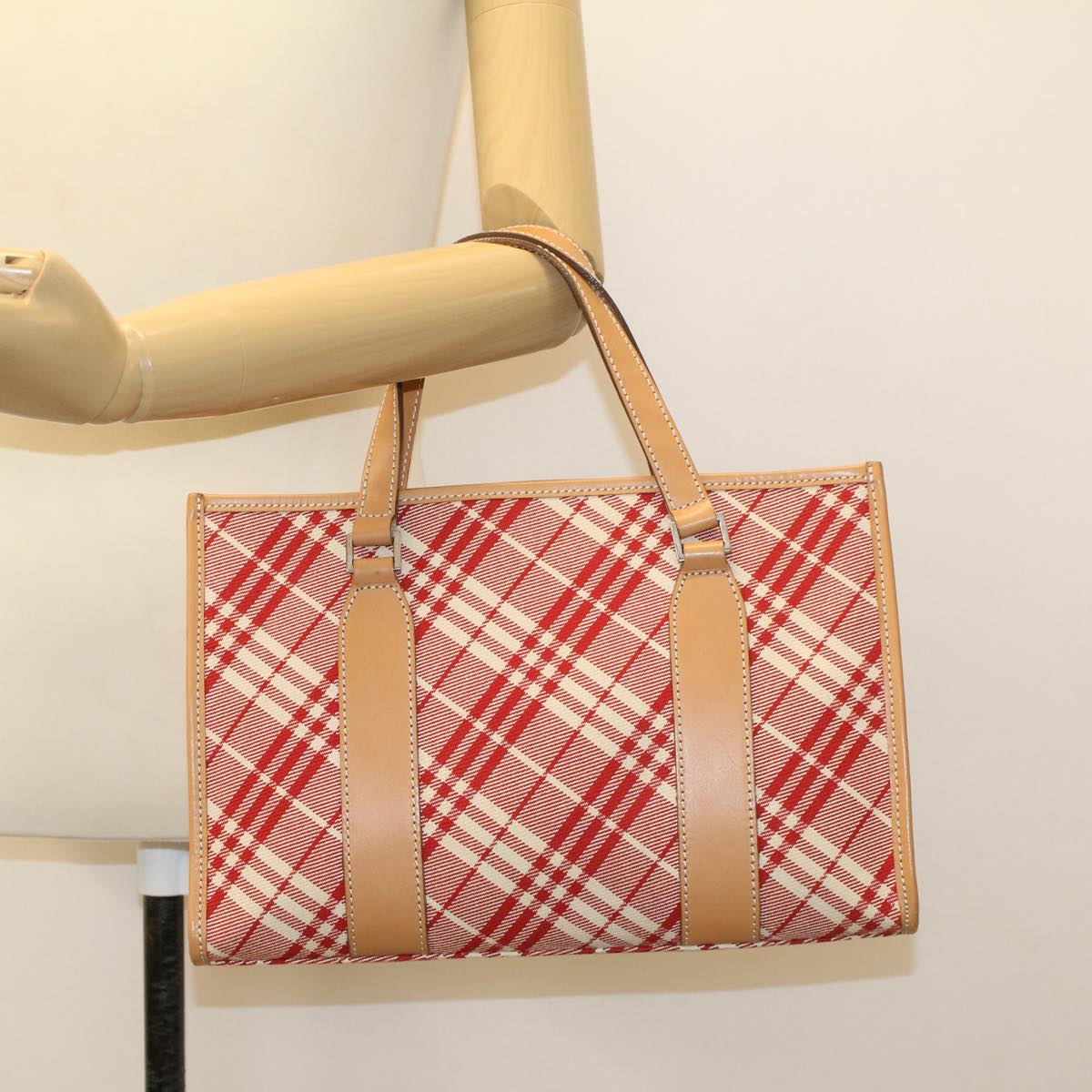 BURBERRY Nova Check Tote Bag Canvas Leather Red Auth yb234