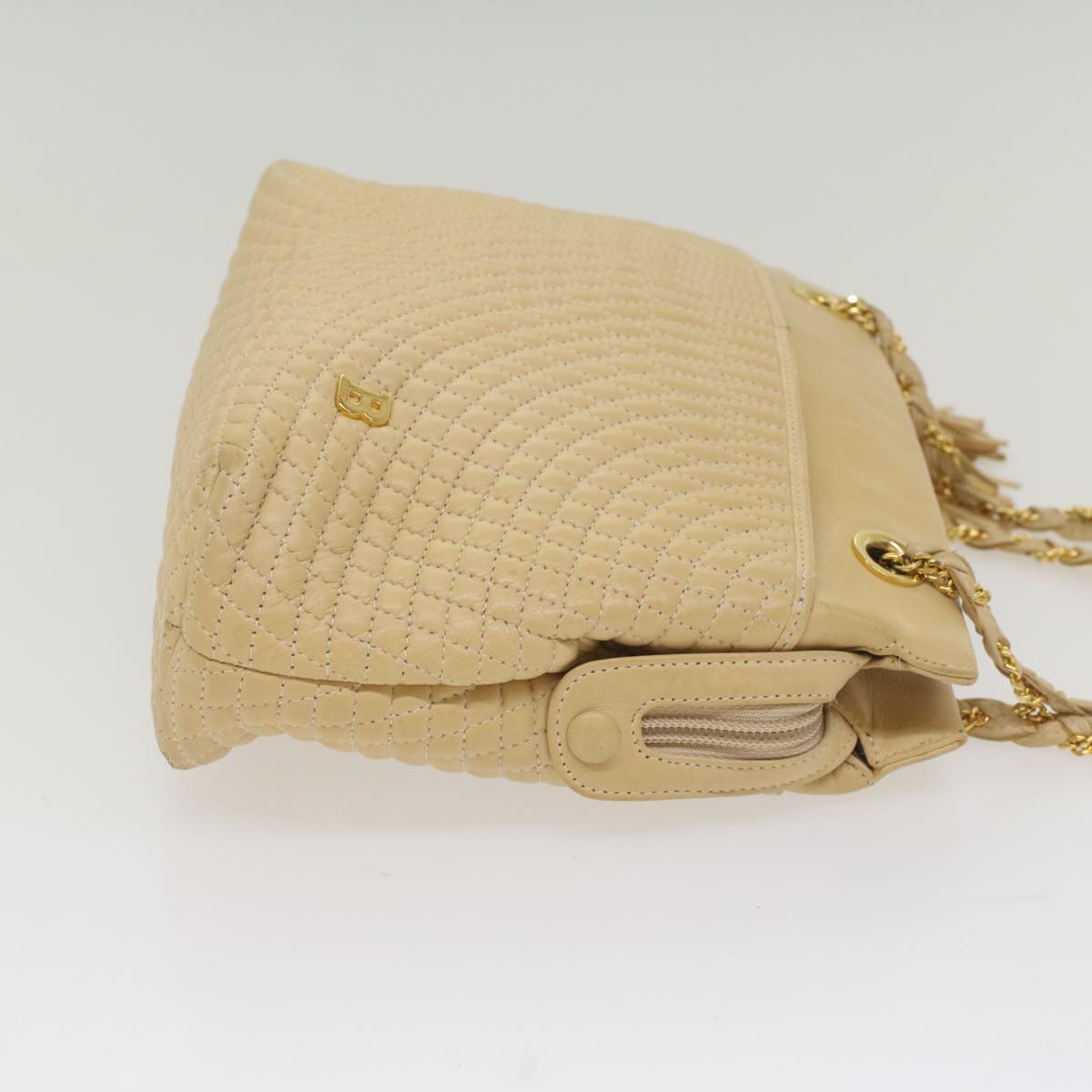 BALLY Quilted Shoulder Bag Leather Beige Auth yb383