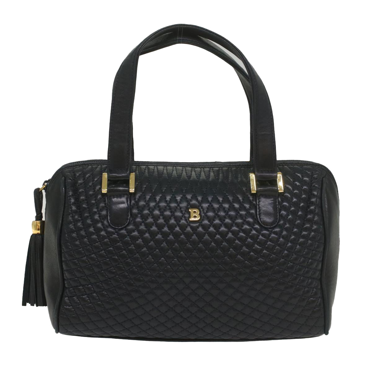 BALLY Quilted Hand Bag Leather Navy Auth yb384