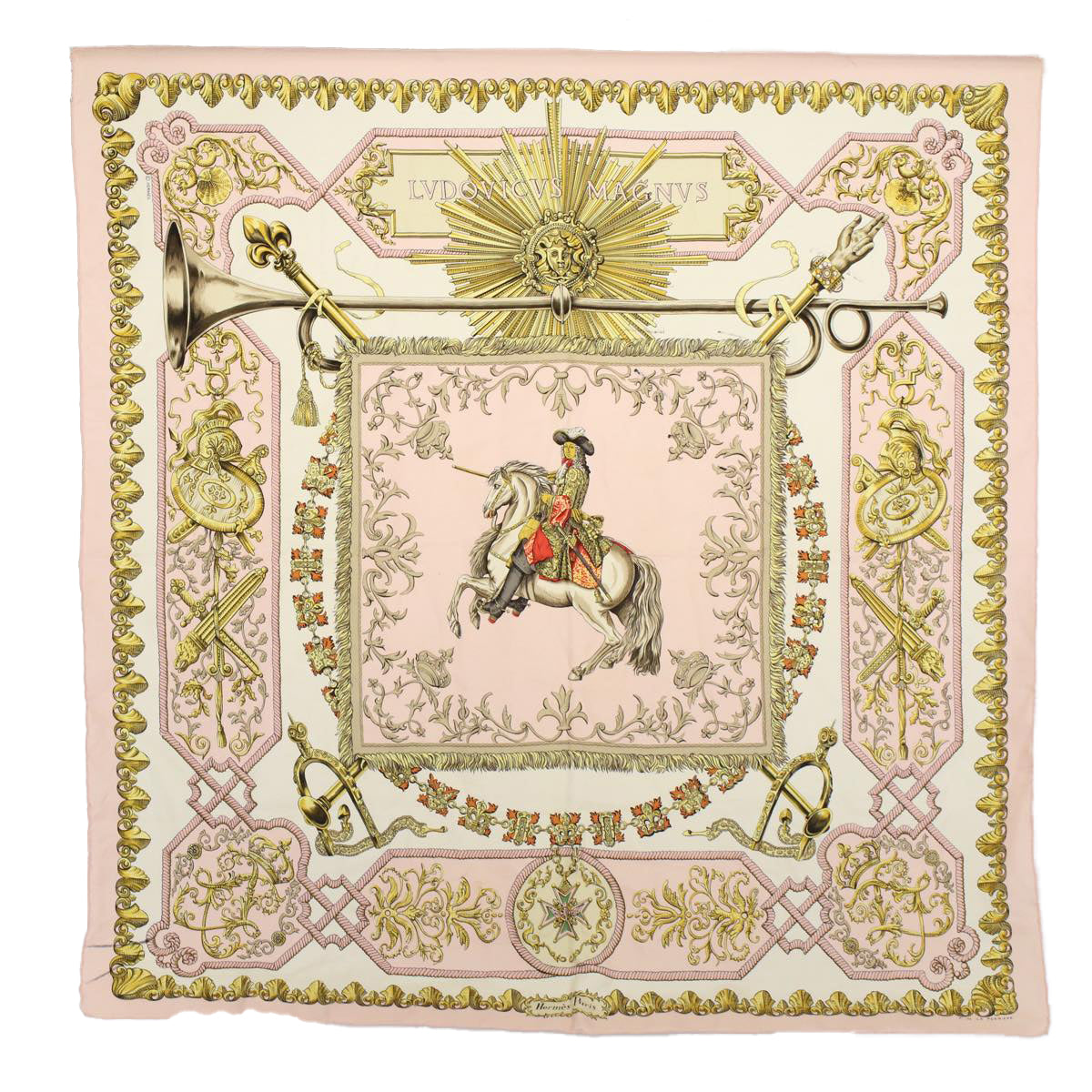 HERMES Carre 90 LVDOVICVS MAGNVS Scarf Silk Pink Auth yb392