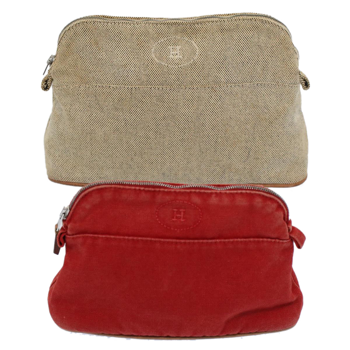 HERMES Bolide Pouch Canvas 2Set Beige Red Auth yb400