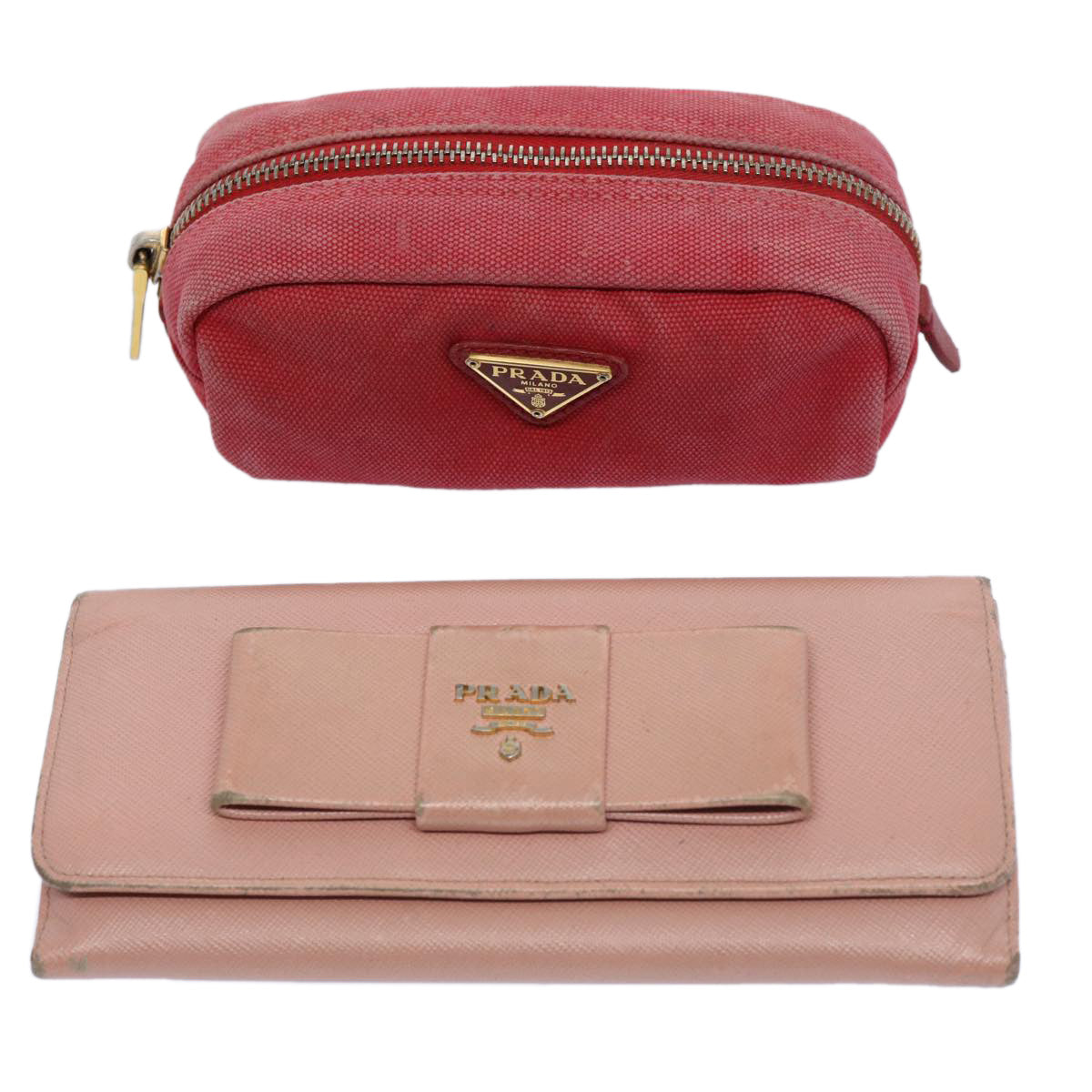 PRADA Wallet Pouch Canvas Leather 2Set Red Pink Auth yb473