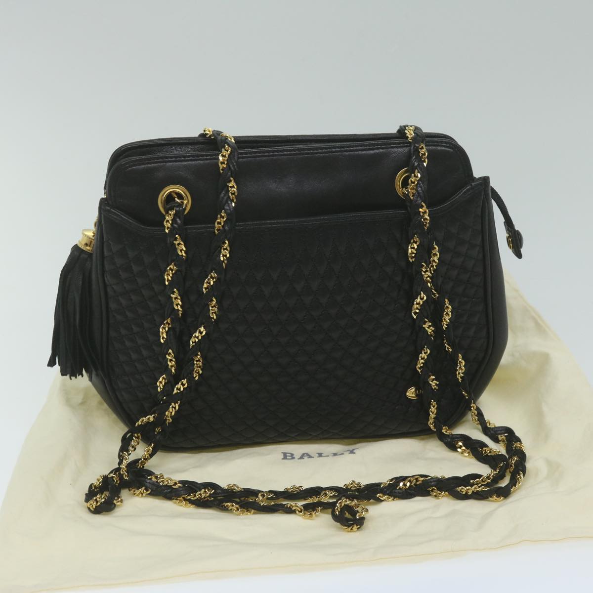 BALLY Quilted Chain Shoulder Bag Leather Black Auth yb484