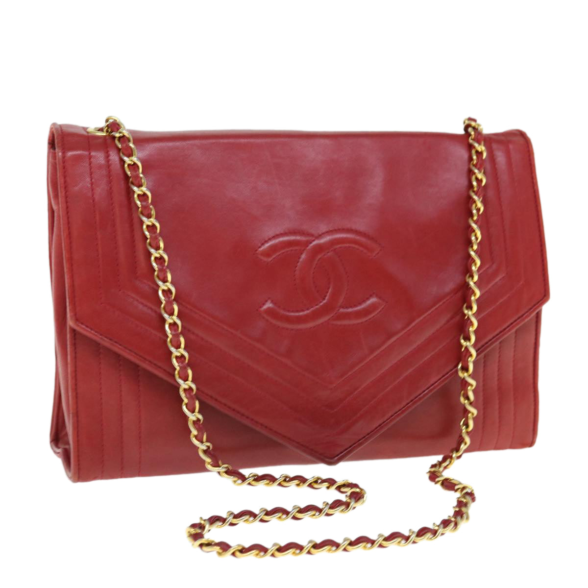 CHANEL COCO Mark Chain Shoulder Bag Lamb Skin Red CC Auth yk10052