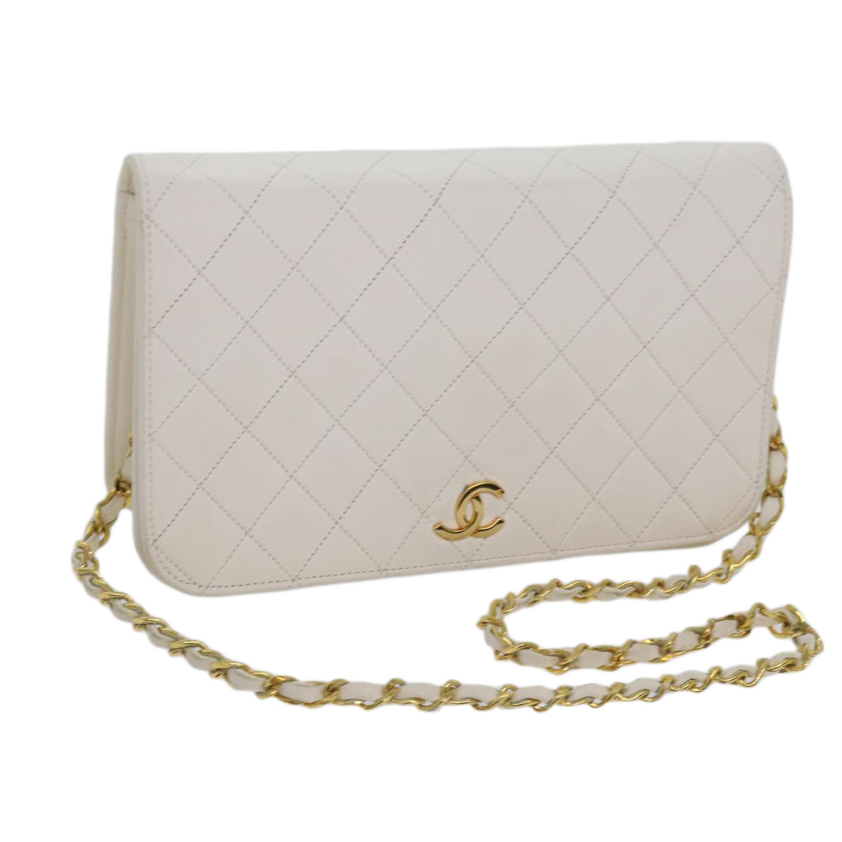 CHANEL Matelasse Chain Shoulder Bag Lamb Skin White CC Auth yk10170