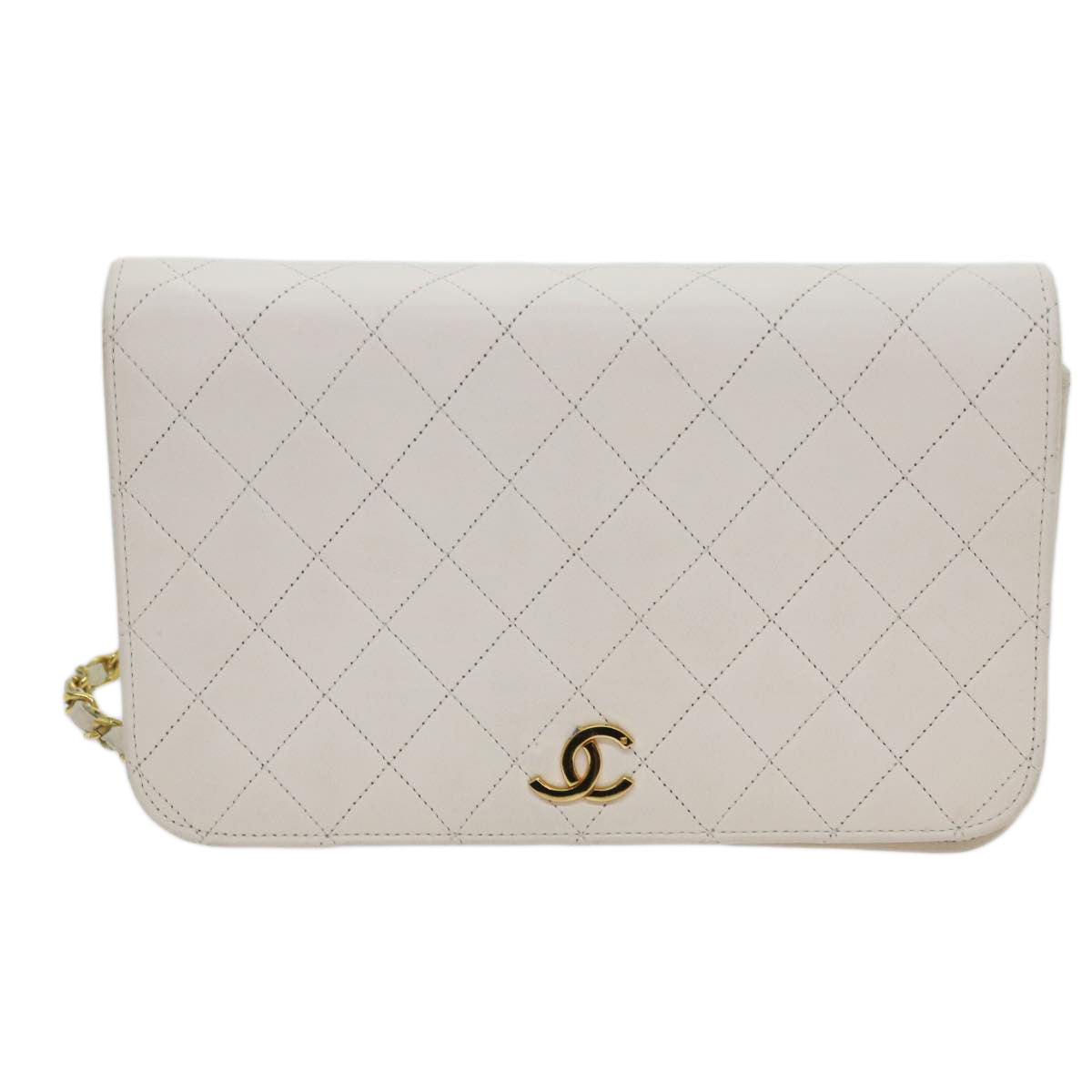 CHANEL Matelasse Chain Shoulder Bag Lamb Skin White CC Auth yk10170