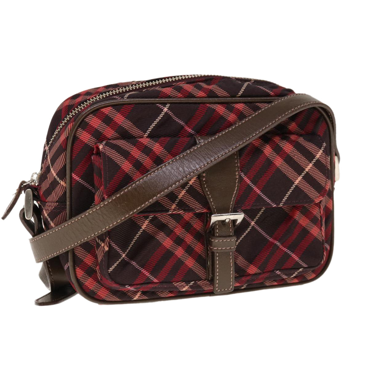 BURBERRY Nova Check Blue Label Shoulder Bag Nylon Red Brown Auth yk10261