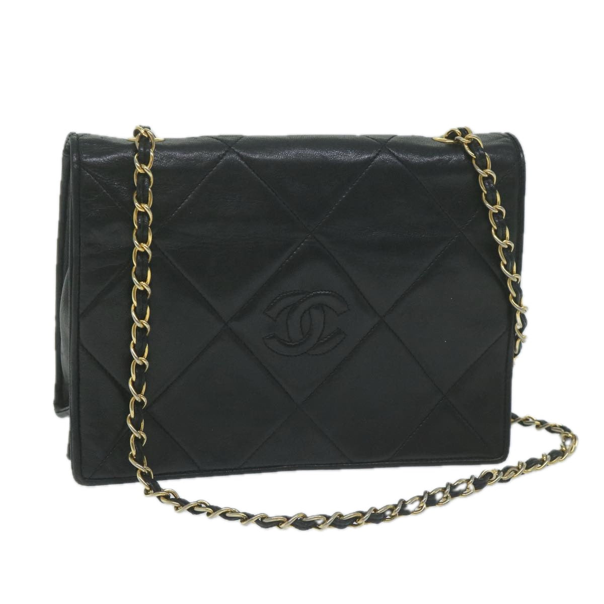 CHANEL Matelasse Chain Shoulder Bag Lamb Skin Black CC Auth yk10363