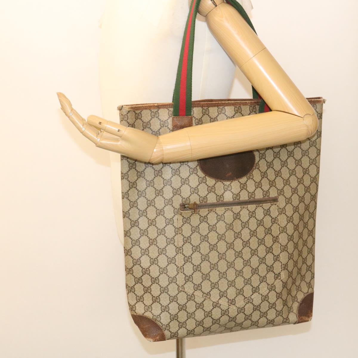GUCCI Web Sherry Line GG Canvas Tote Bag Beige Red Green Auth yk4045
