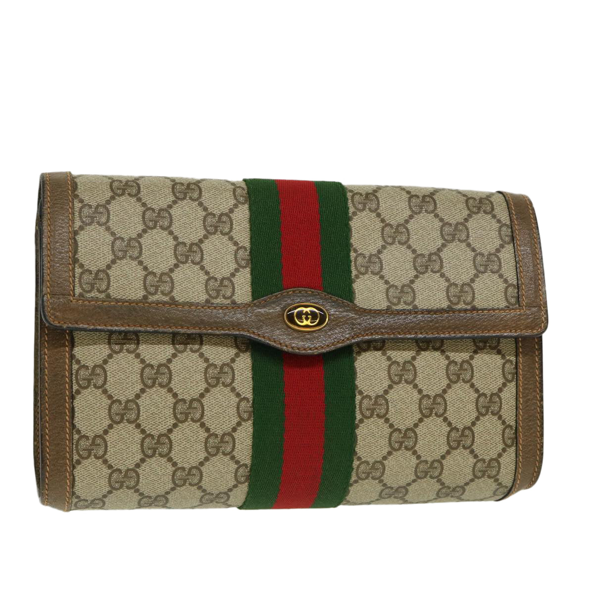 GUCCI Web Sherry Line GG Canvas Clutch Bag Beige Red Green Auth yk4369