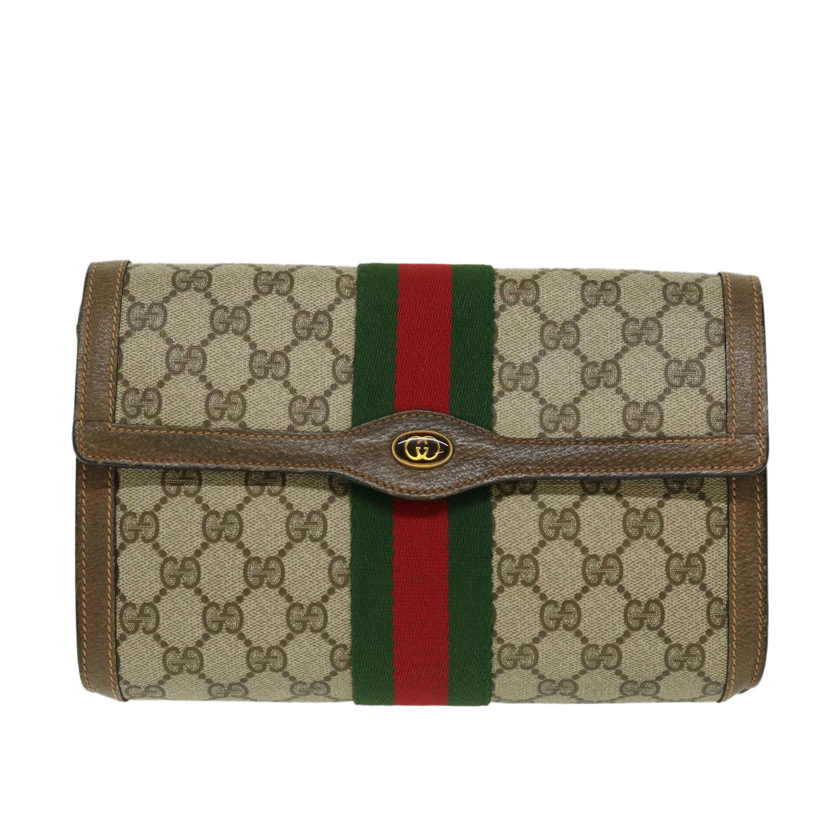 GUCCI Web Sherry Line GG Canvas Clutch Bag Beige Red Green Auth yk4369