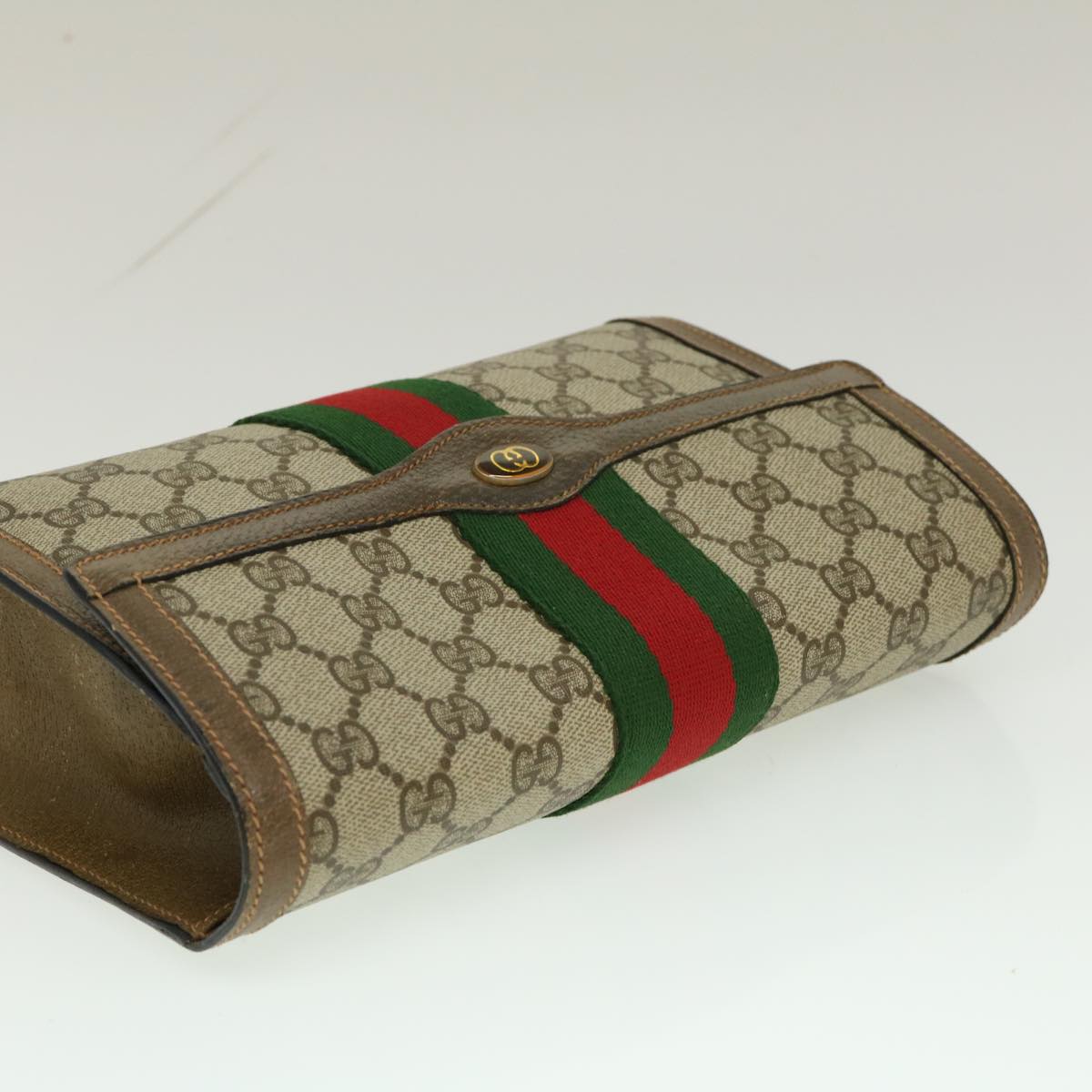 GUCCI Web Sherry Line GG Canvas Clutch Bag Beige Red Green Auth yk4369