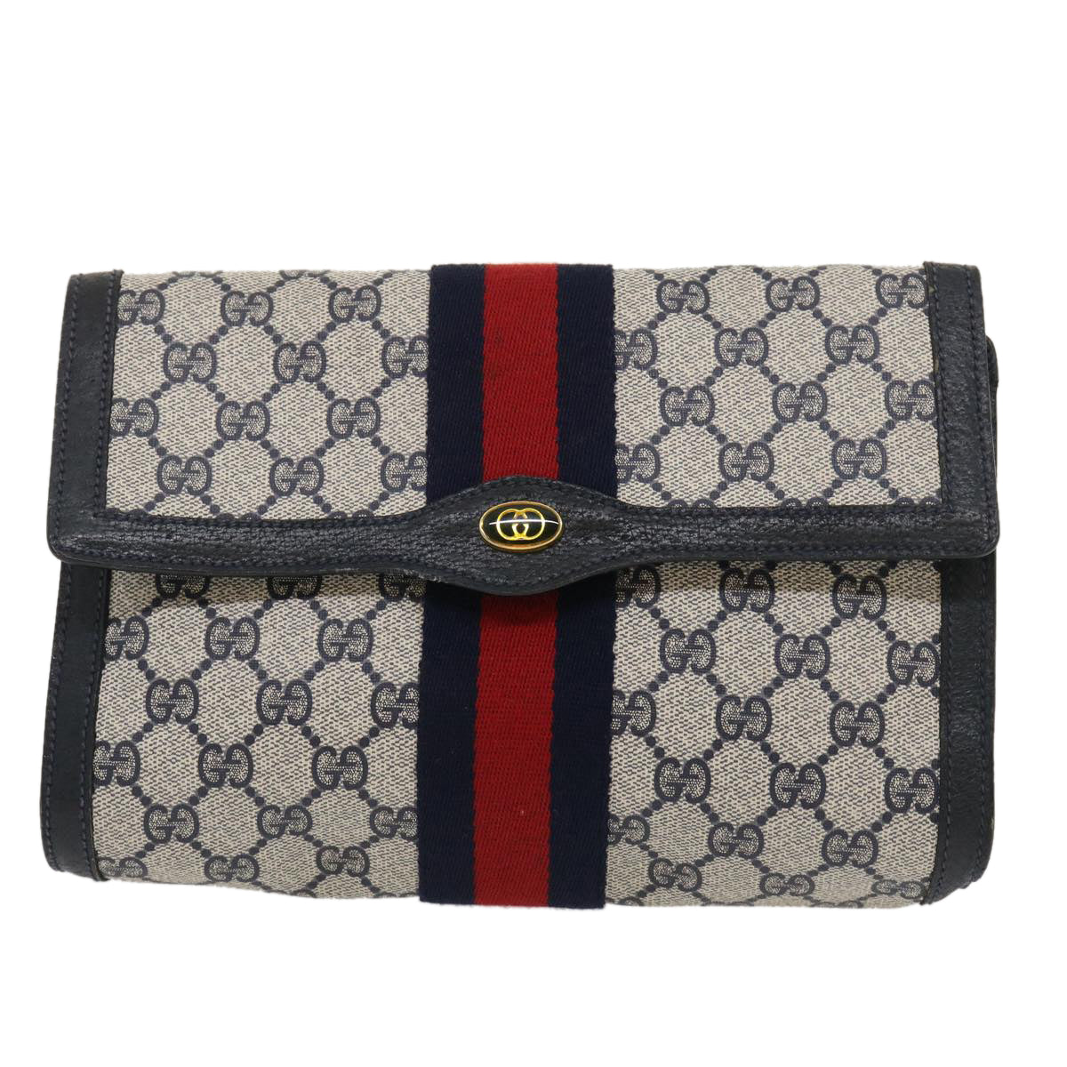 GUCCI GG Canvas Sherry Line Clutch Bag Navy Red Auth yk4501