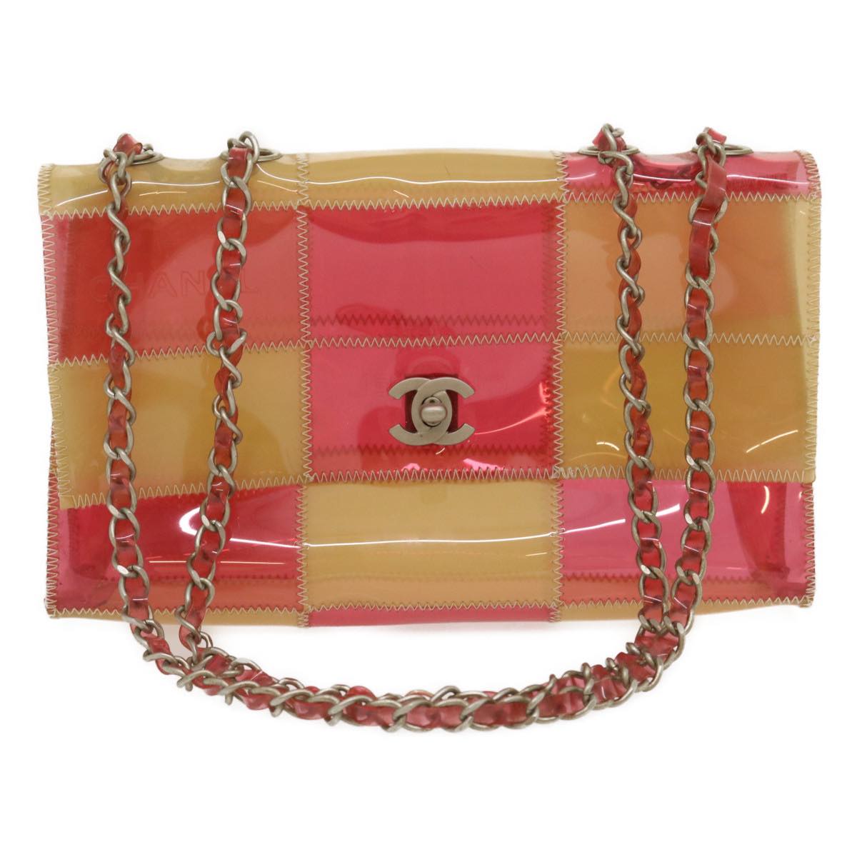 CHANEL Chain Shoulder Bag Vinyl Beige Pink CC Auth yk4589