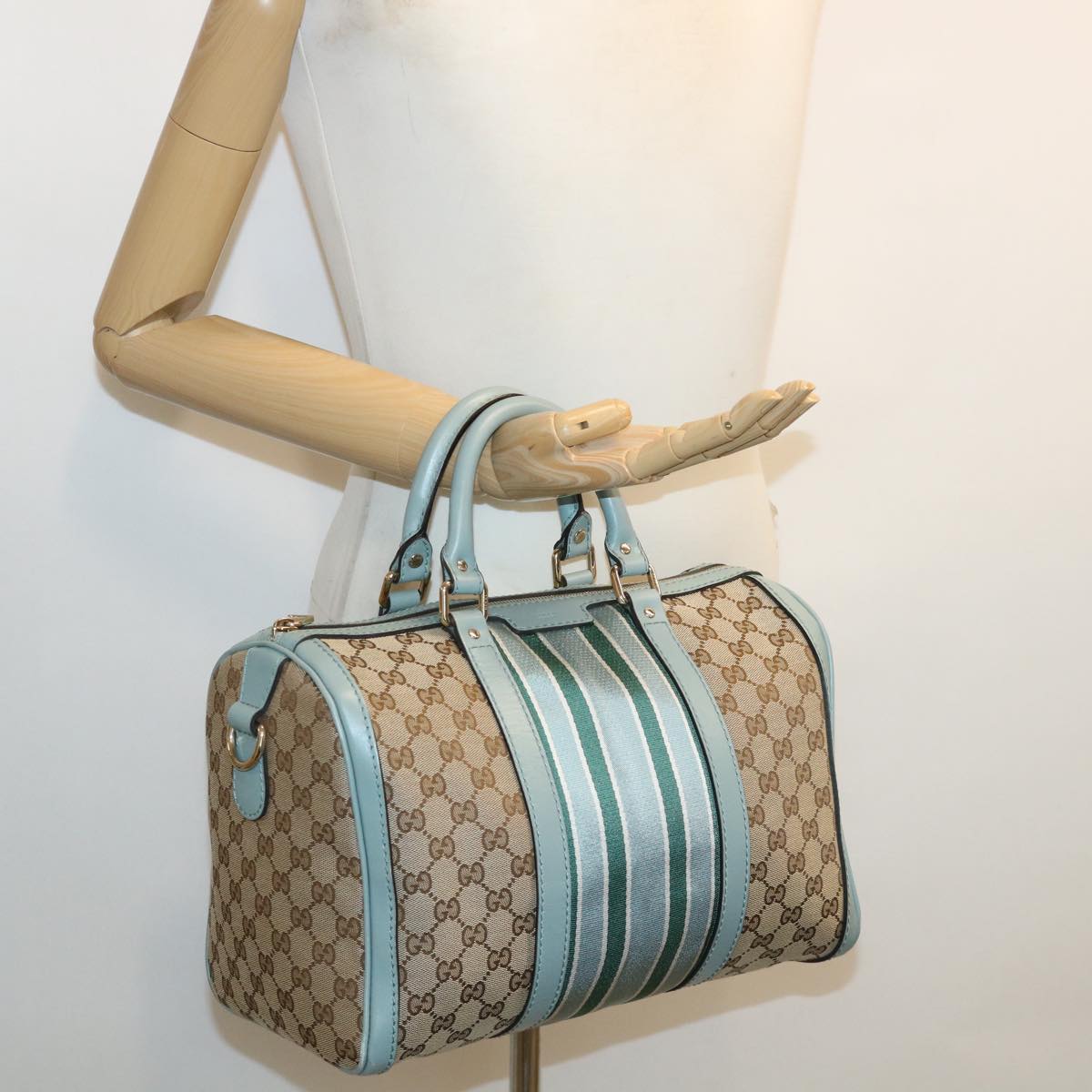 GUCCI GG Canvas Boston Bag 2way Beige Blue 247205525040 Auth yk5123A