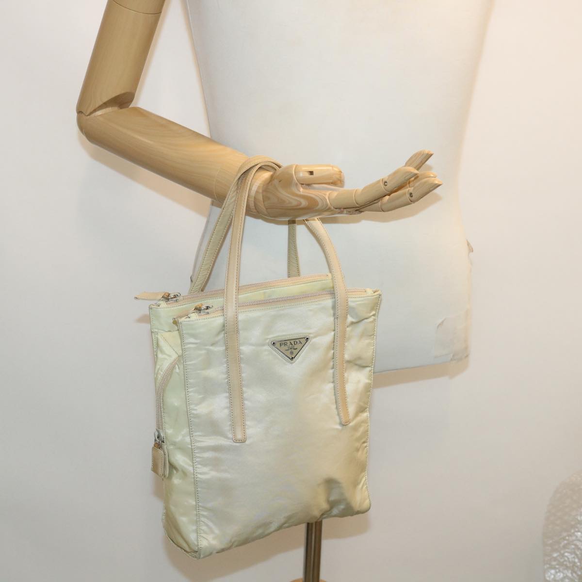PRADA Hand Bag Nylon Beige Auth yk5235B