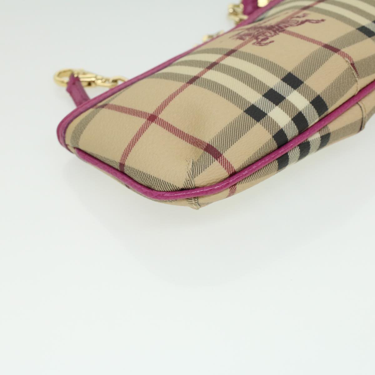 BURBERRY Nova Check Chain Accessory Pouch PVC Leather Beige Pink Auth yk5442