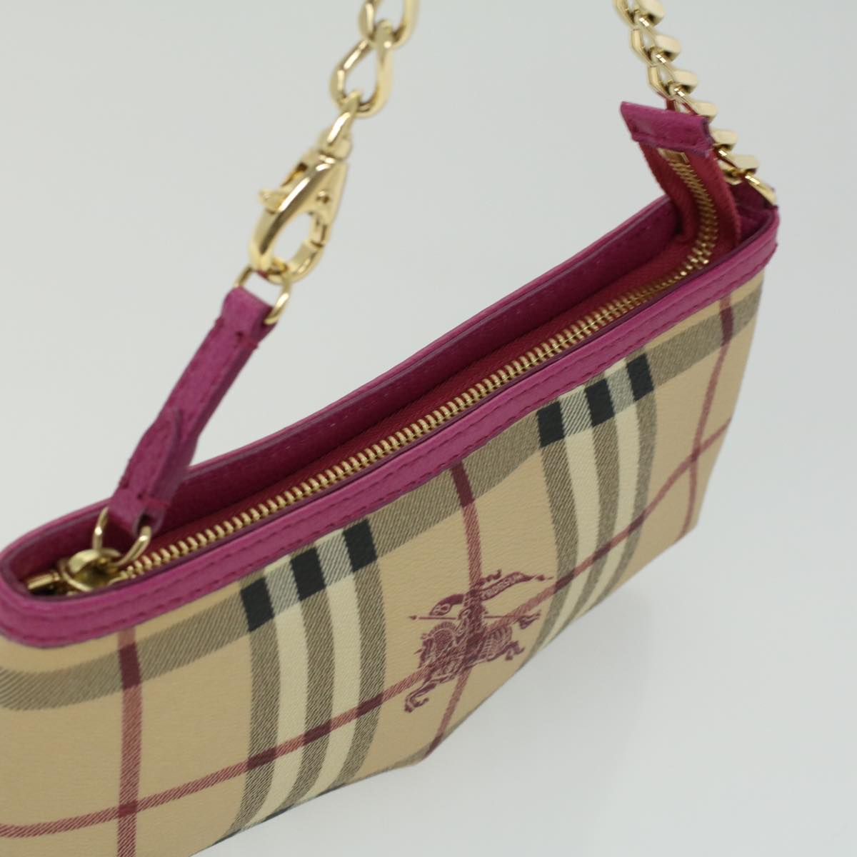 BURBERRY Nova Check Chain Accessory Pouch PVC Leather Beige Pink Auth yk5442