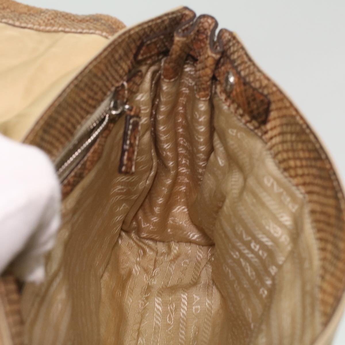 PRADA Snake pattern Semi-Shoulder Shoulder Bag Nylon Beige Auth yk5620