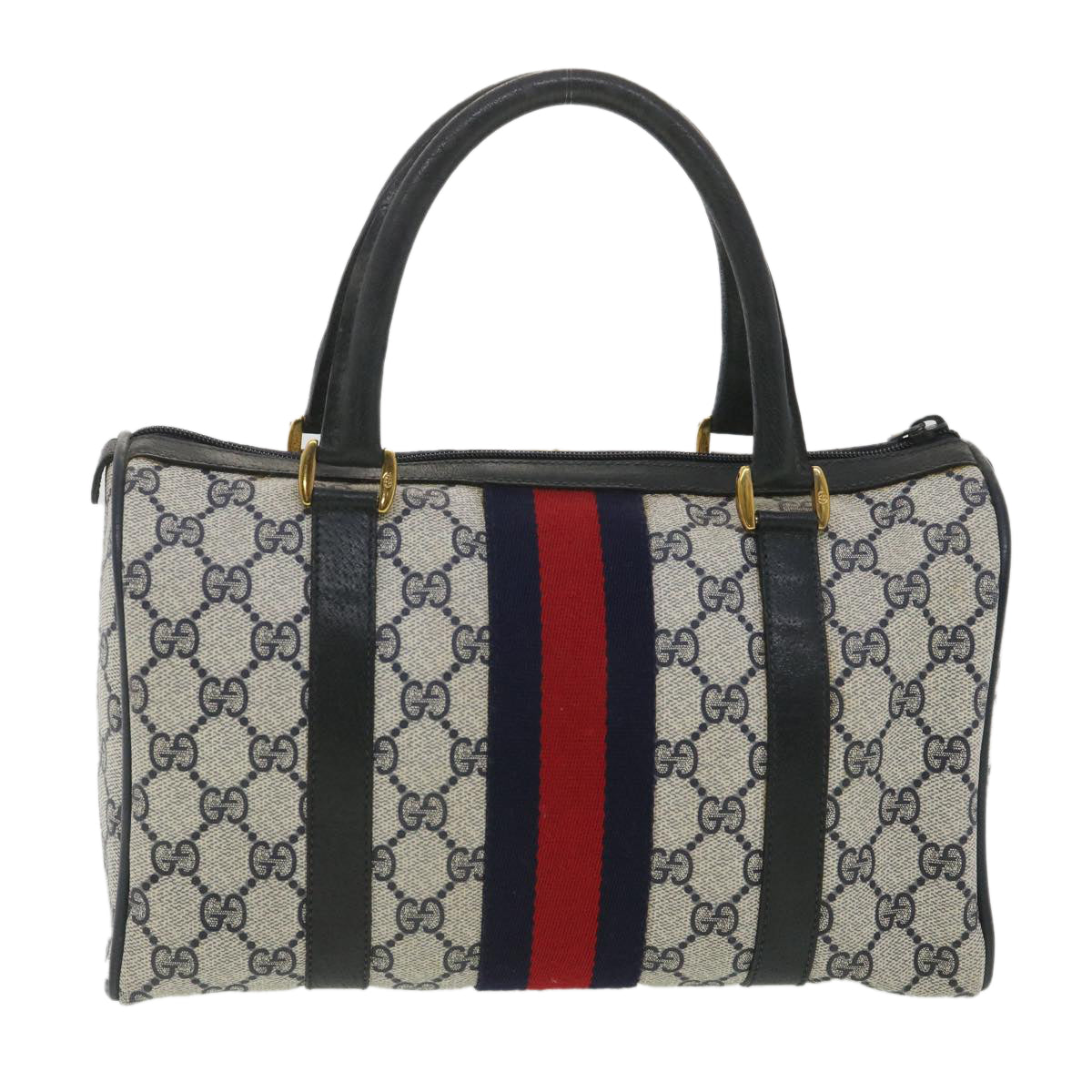 GUCCI Sherry Line GG Canvas Boston Bag PVC Leather Navy Red Auth yk5679B - 0