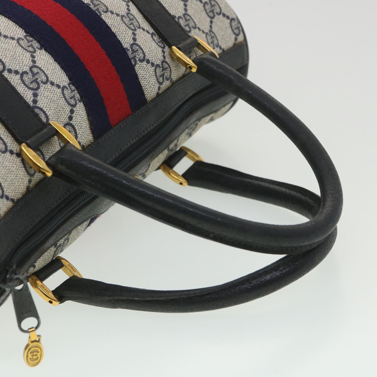GUCCI Sherry Line GG Canvas Boston Bag PVC Leather Navy Red Auth yk5679B