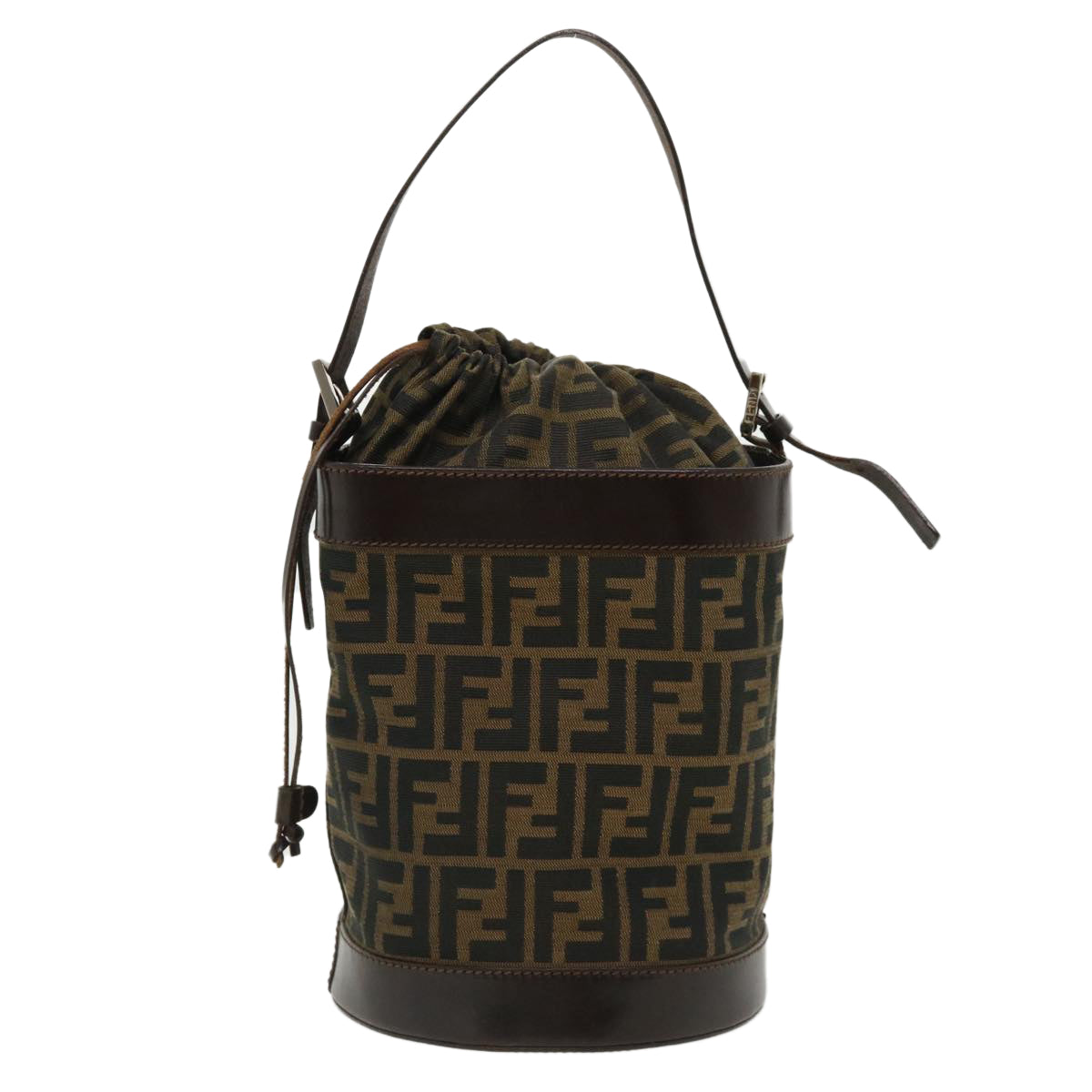 FENDI Zucca Canvas Shoulder Bag Cylindrical Brown Black Auth yk5779