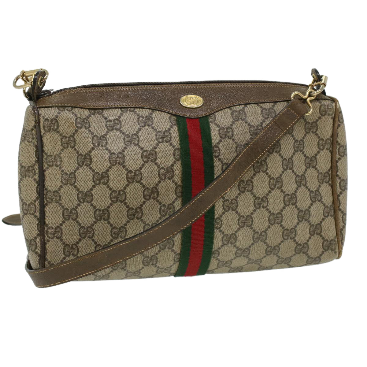 GUCCI Web Sherry Line GG Canvas Shoulder Bag PVC Leather Beige Red Auth yk5803B