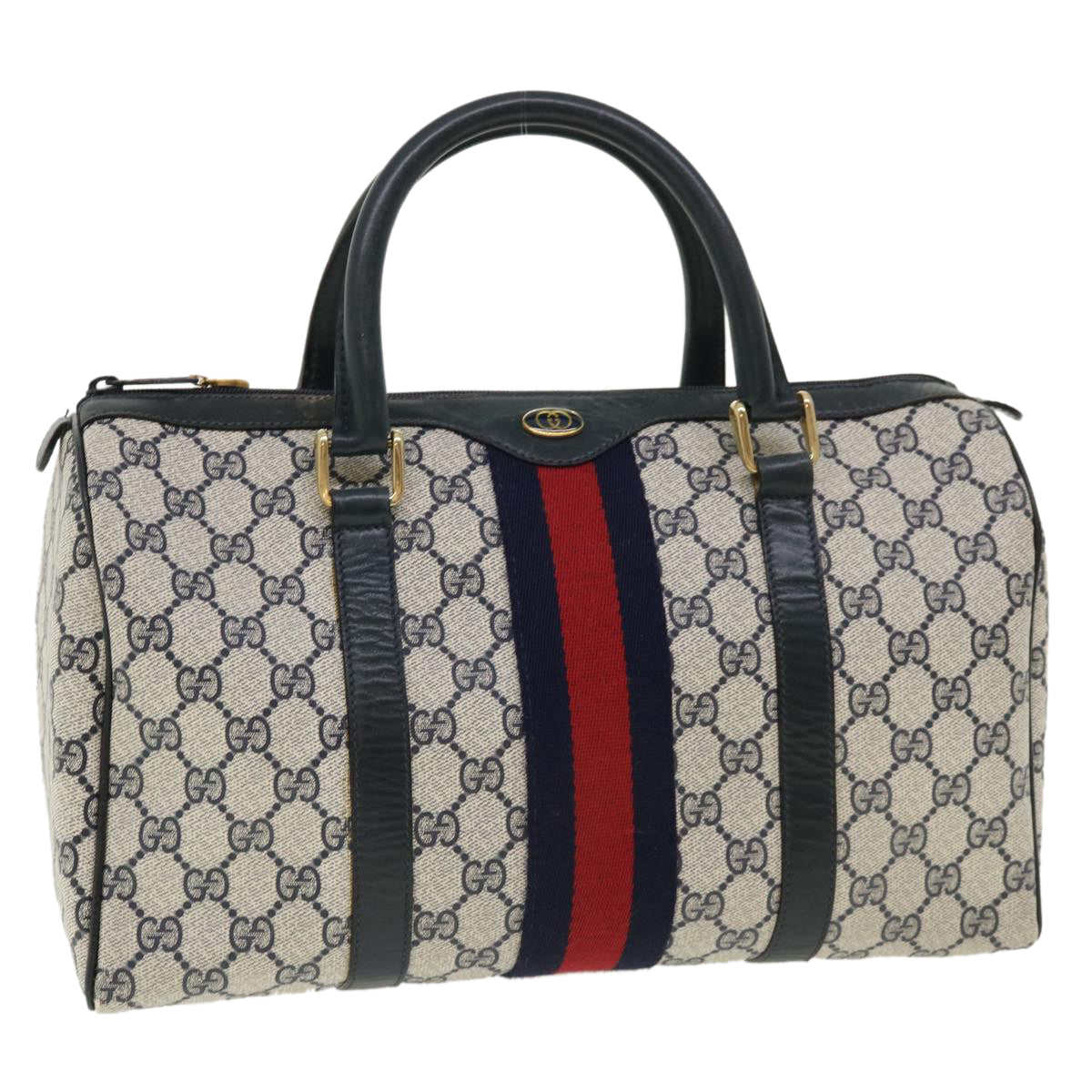 GUCCI GG Canvas Sherry Line Boston Bag Gray Red Navy 010.378... Auth yk5821B