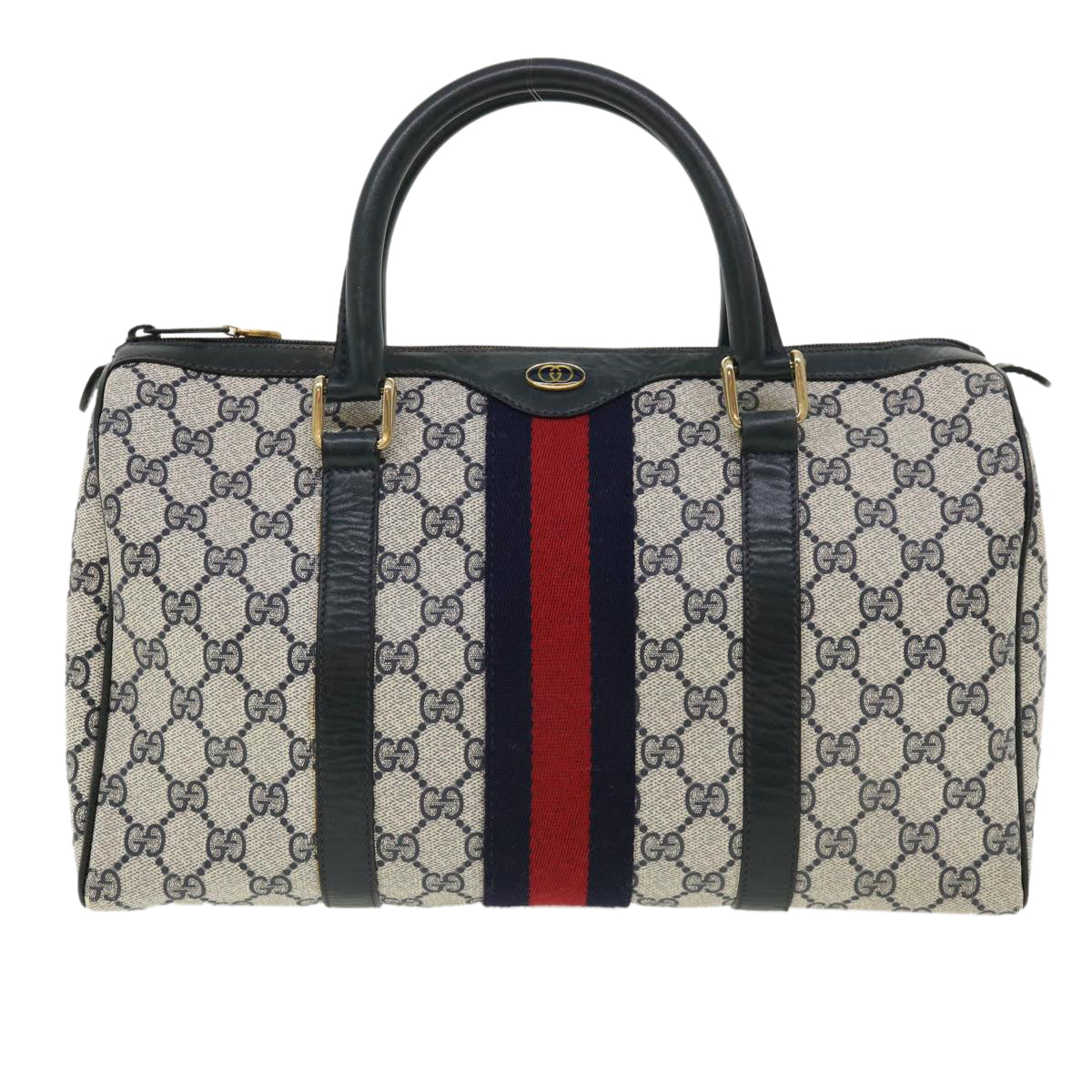 GUCCI GG Canvas Sherry Line Boston Bag Gray Red Navy 010.378... Auth yk5821B