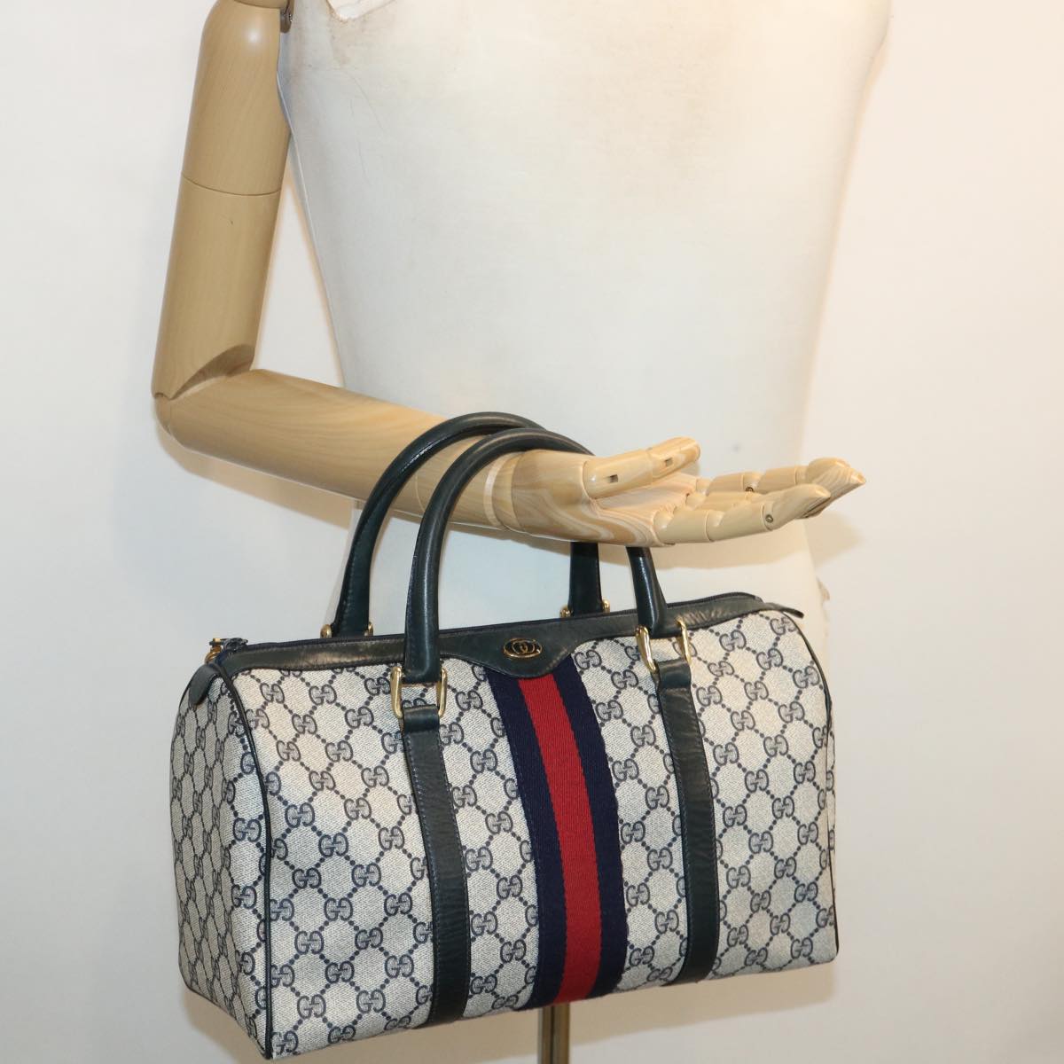 GUCCI GG Canvas Sherry Line Boston Bag Gray Red Navy 010.378... Auth yk5821B