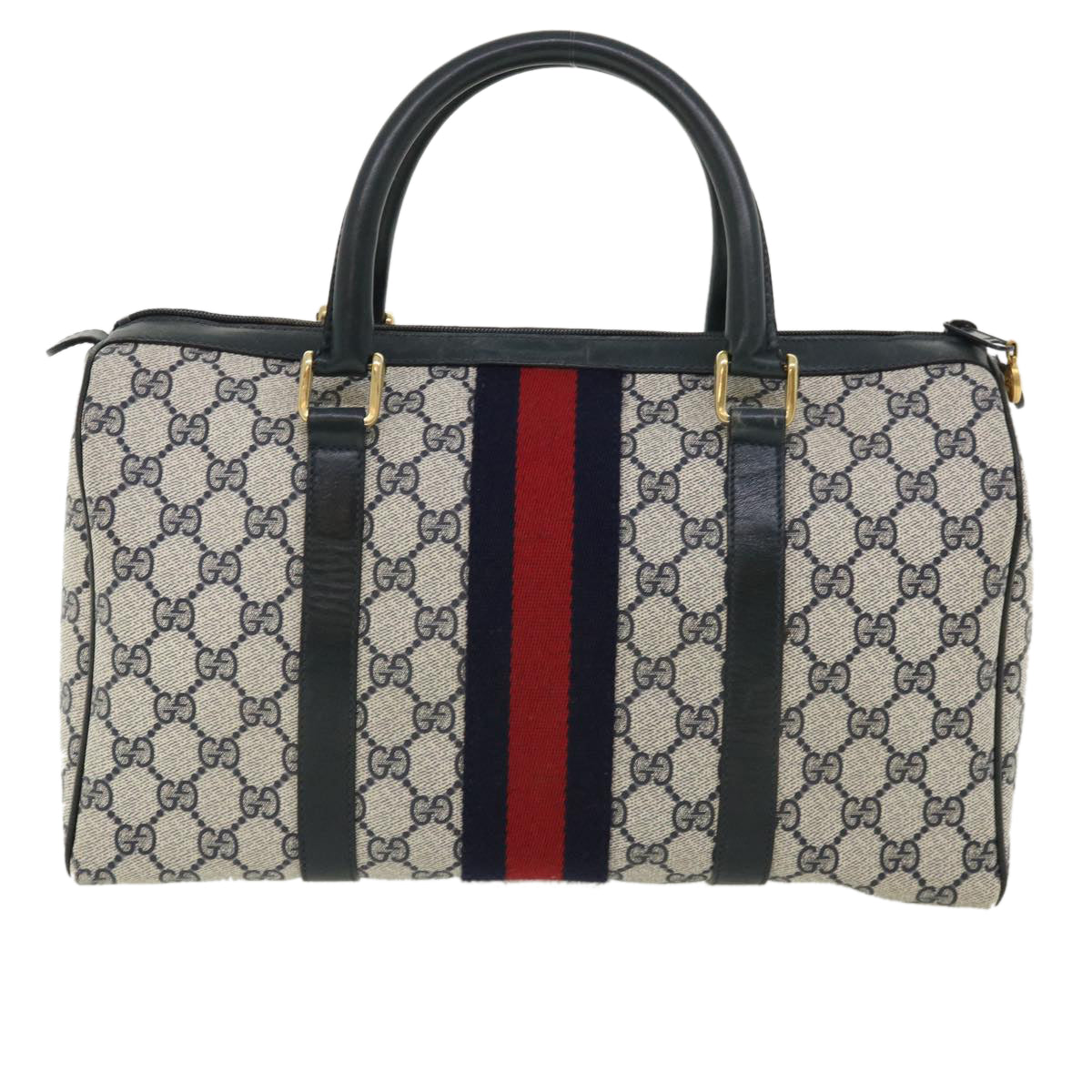 GUCCI GG Canvas Sherry Line Boston Bag Gray Red Navy 010.378... Auth yk5821B - 0