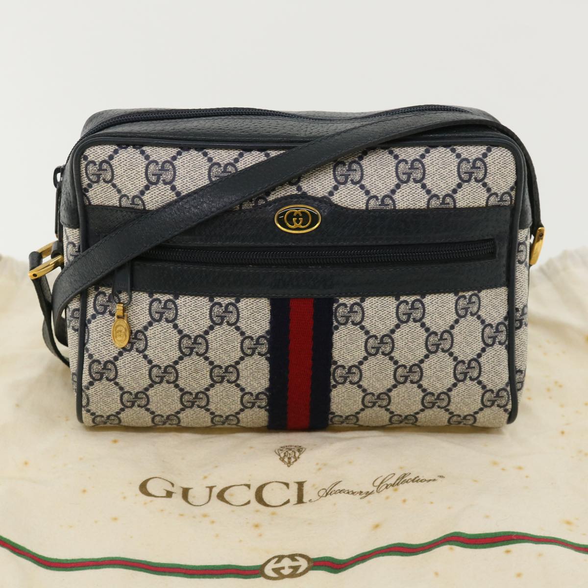 GUCCI GG Canvas Sherry Line Shoulder Bag Gray Red Navy 75.02.004 Auth yk5823B