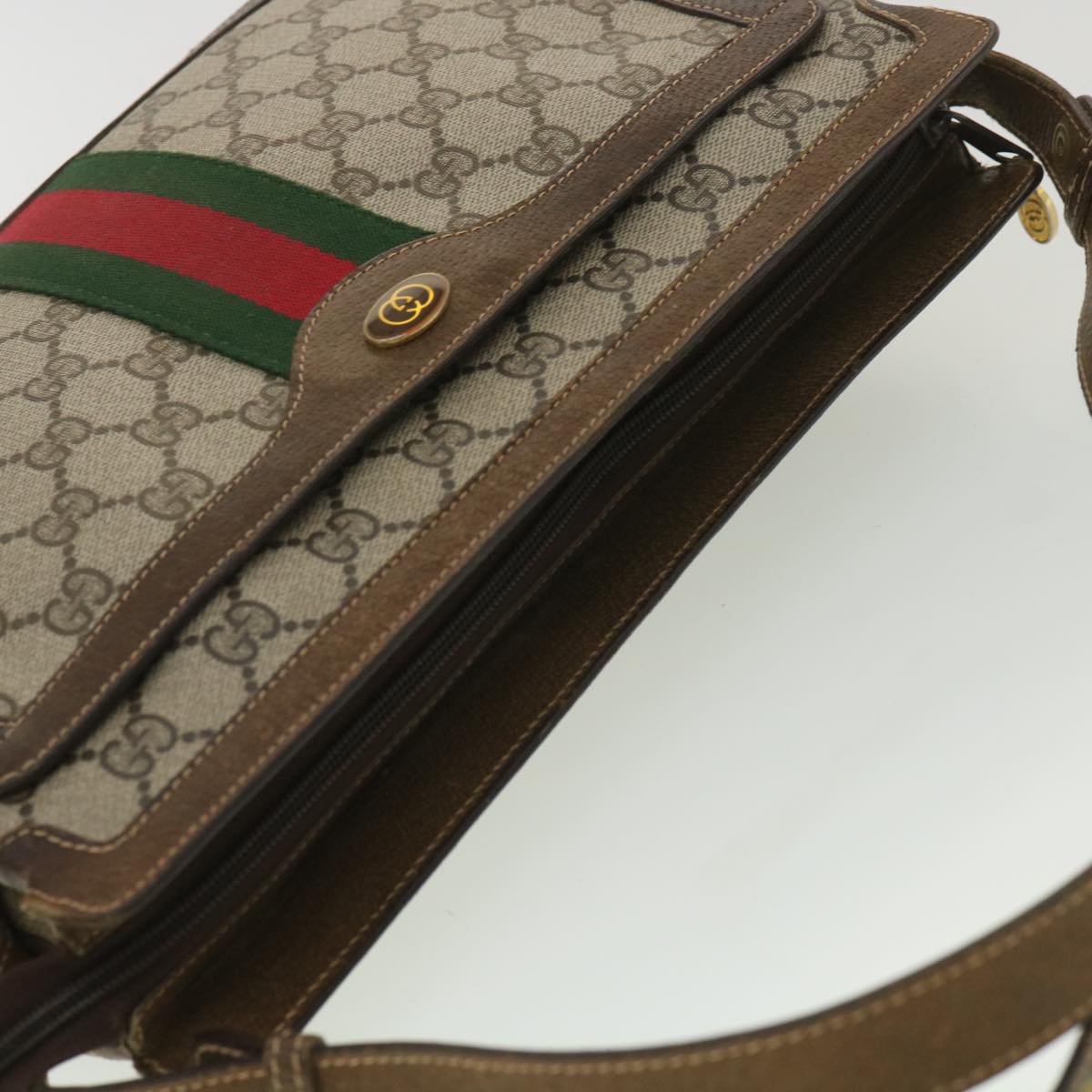 GUCCI GG Canvas Web Sherry Line Shoulder Bag PVC Leather Beige Red Auth yk5883B